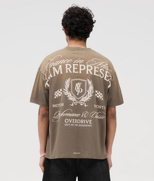 Represent Crest T-Shirt in Dark Taupe at EQVVS. Back Model Shot