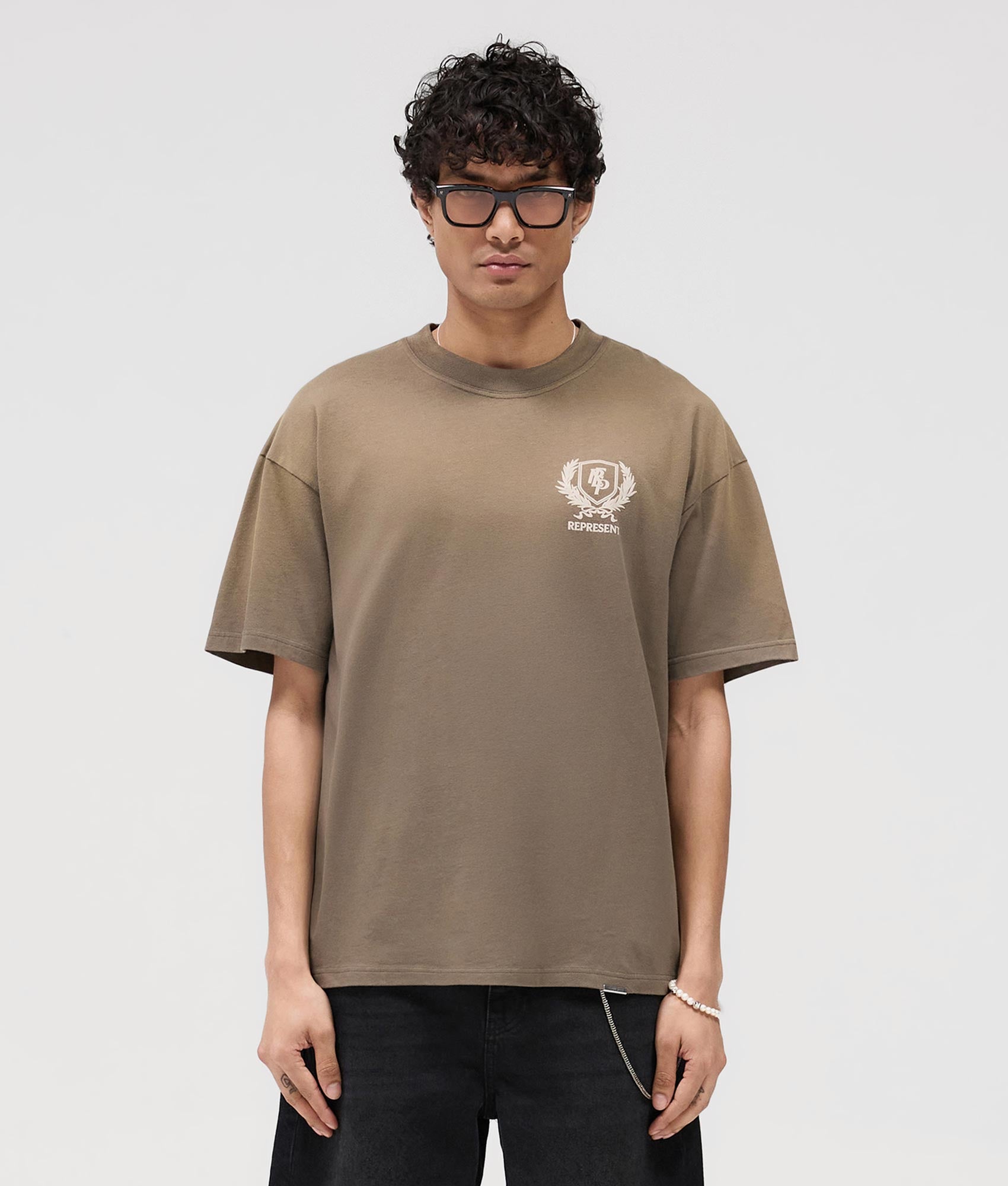Represent Crest T-Shirt in Dark Taupe at EQVVS. Front Model Shot