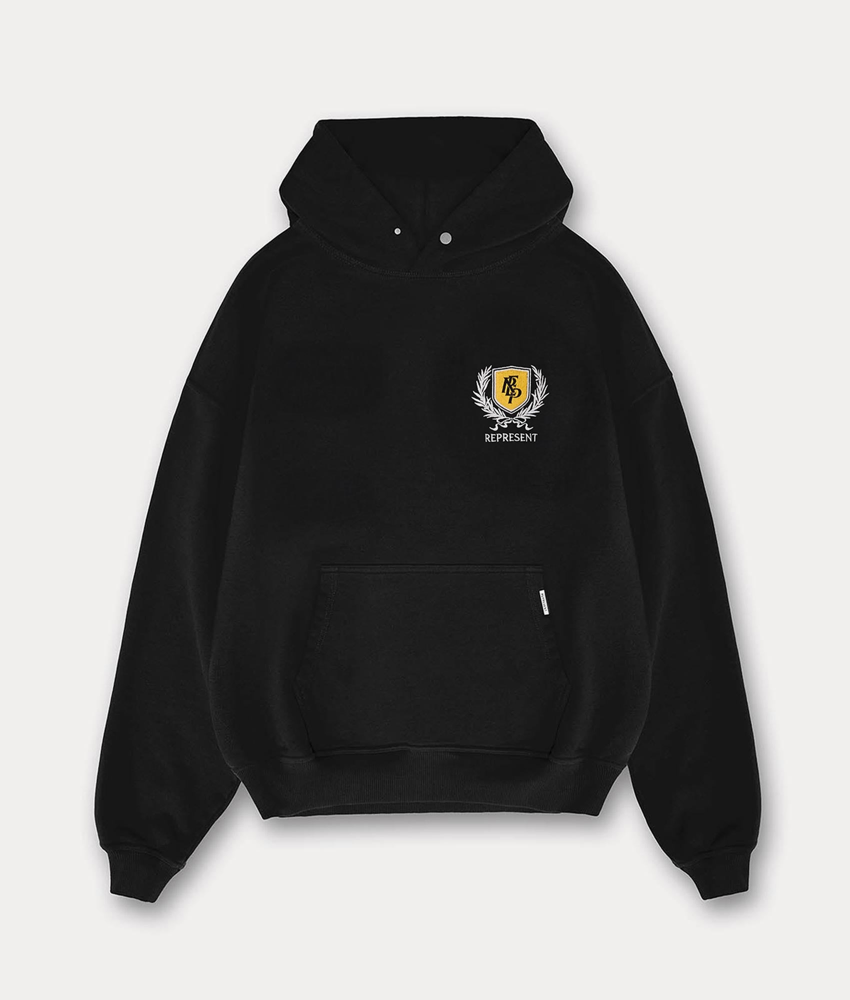 Represent Crest Hoodie in Vintage Black at EQVVS. Front Shot.