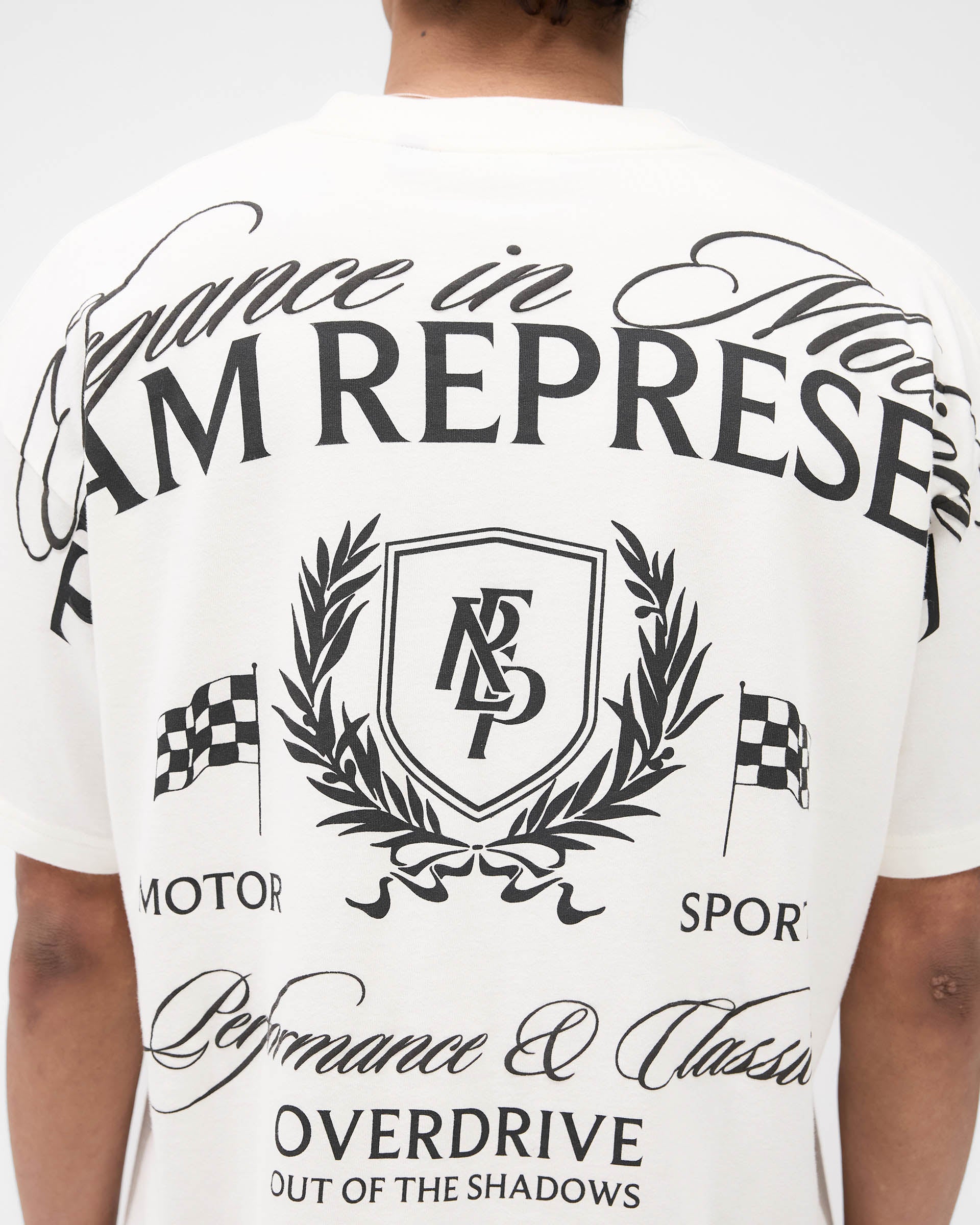 Represent Crest T-Shirt in Flat White at EQvVS. Back Model Shot