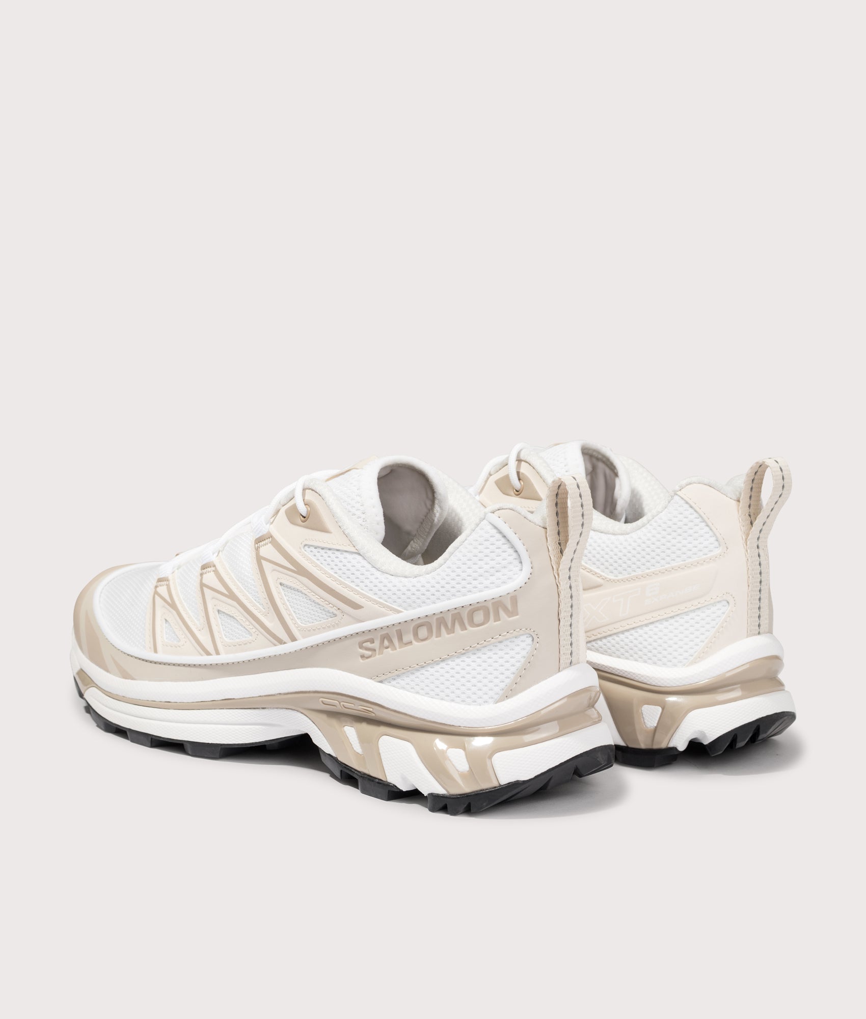 SALOMON XT-6 EXPANSE in White, Rainy Day and Oxford Tan at EQVVS Menswear. Angled back shot.
