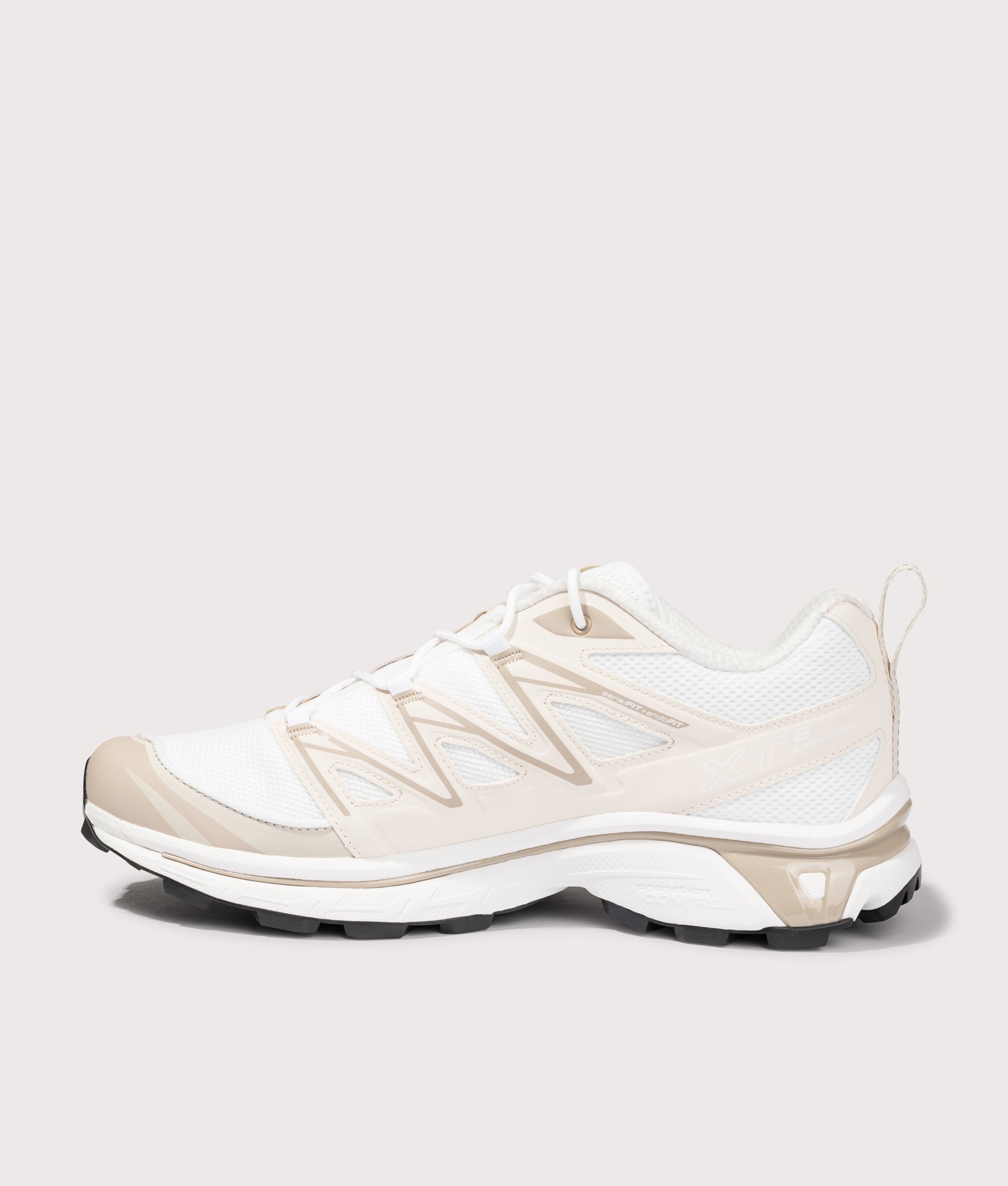SALOMON XT-6 EXPANSE in White, Rainy Day and Oxford Tan at EQVVS Menswear. Inside shot.