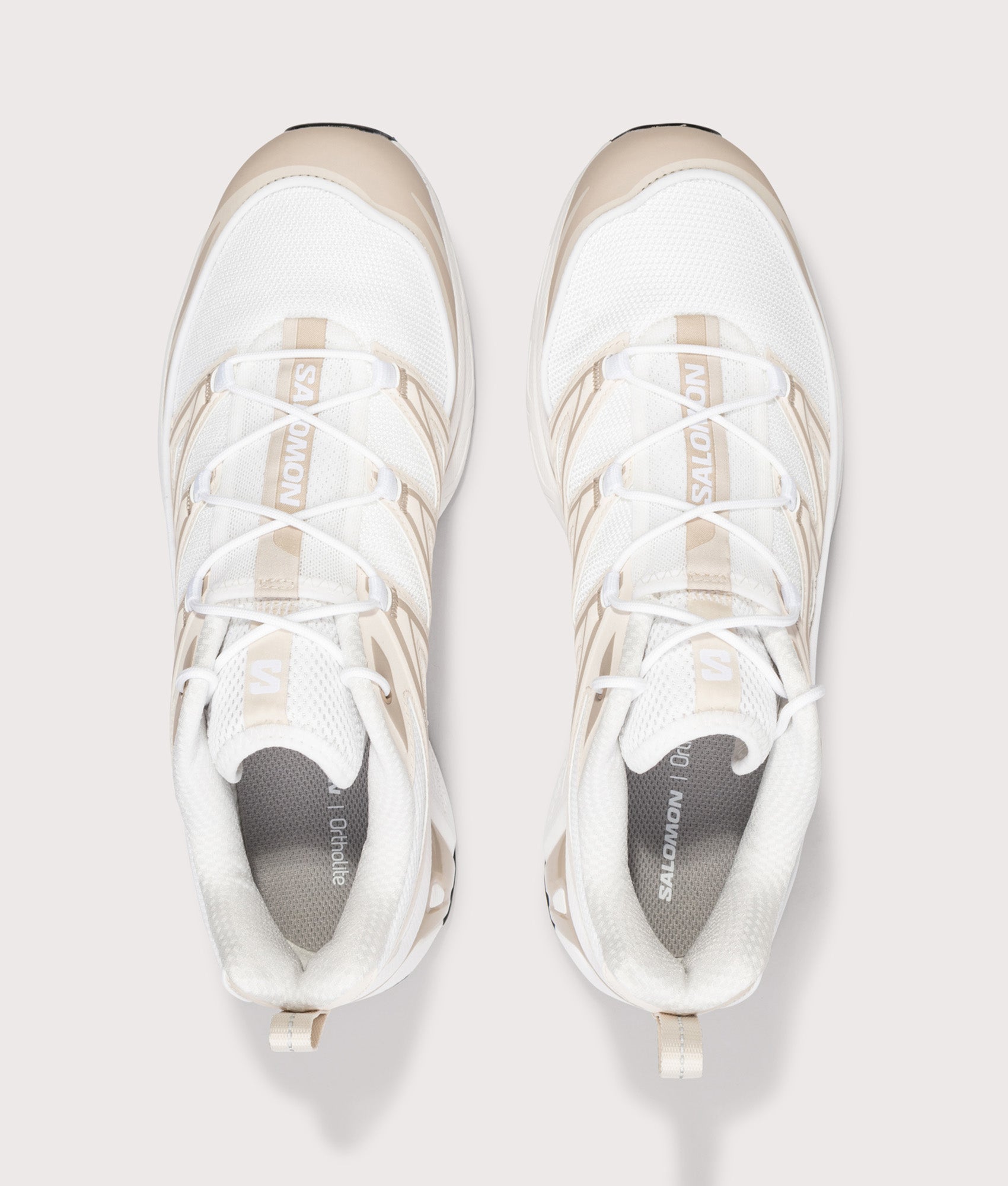 SALOMON XT-6 EXPANSE in White, Rainy Day and Oxford Tan at EQVVS Menswear. Top shot.