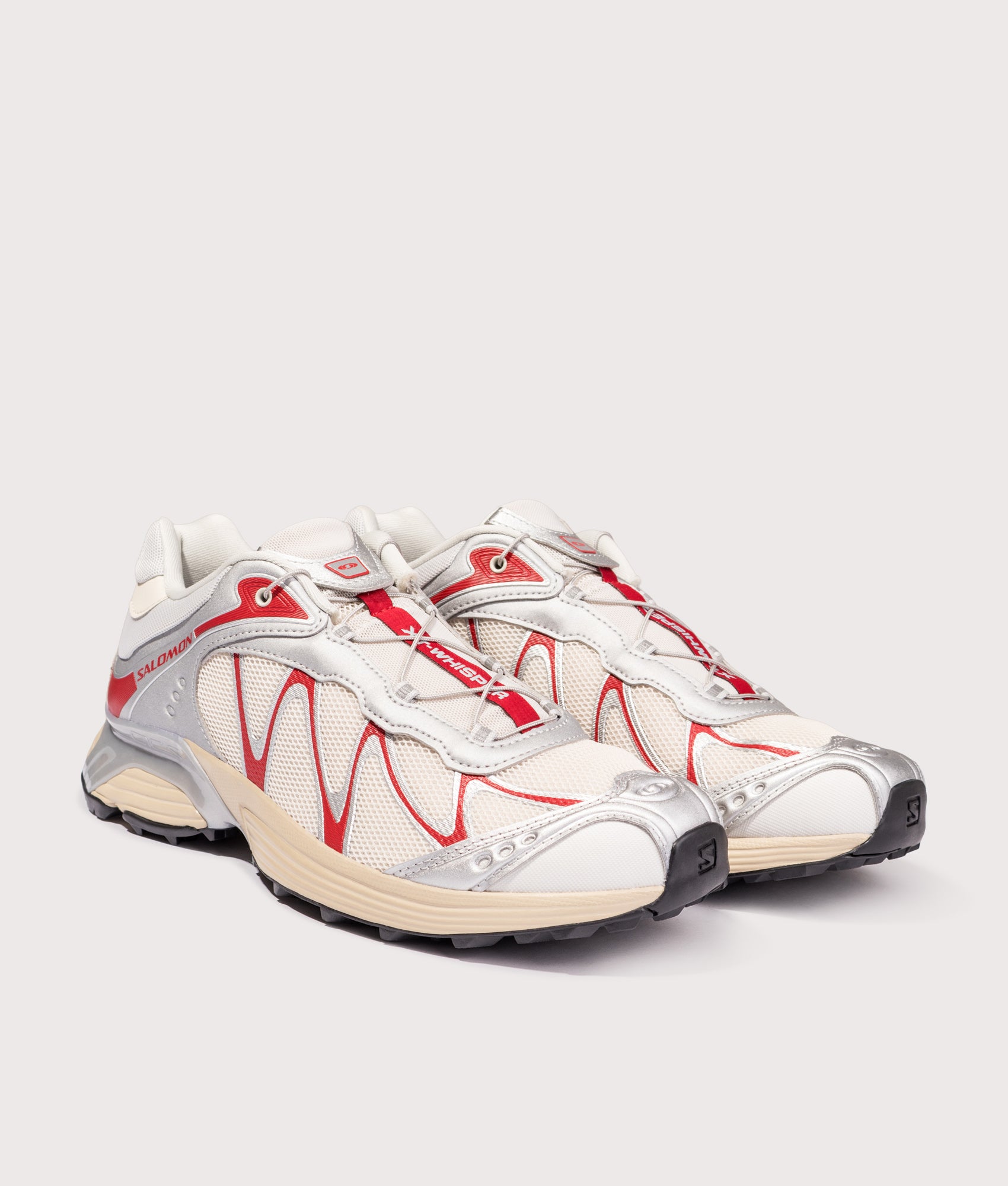 SALOMON XT-Whisper in Almond Milk, Ftw Silver and Lava Falls at EQVVS Menswear. Angled front shot.