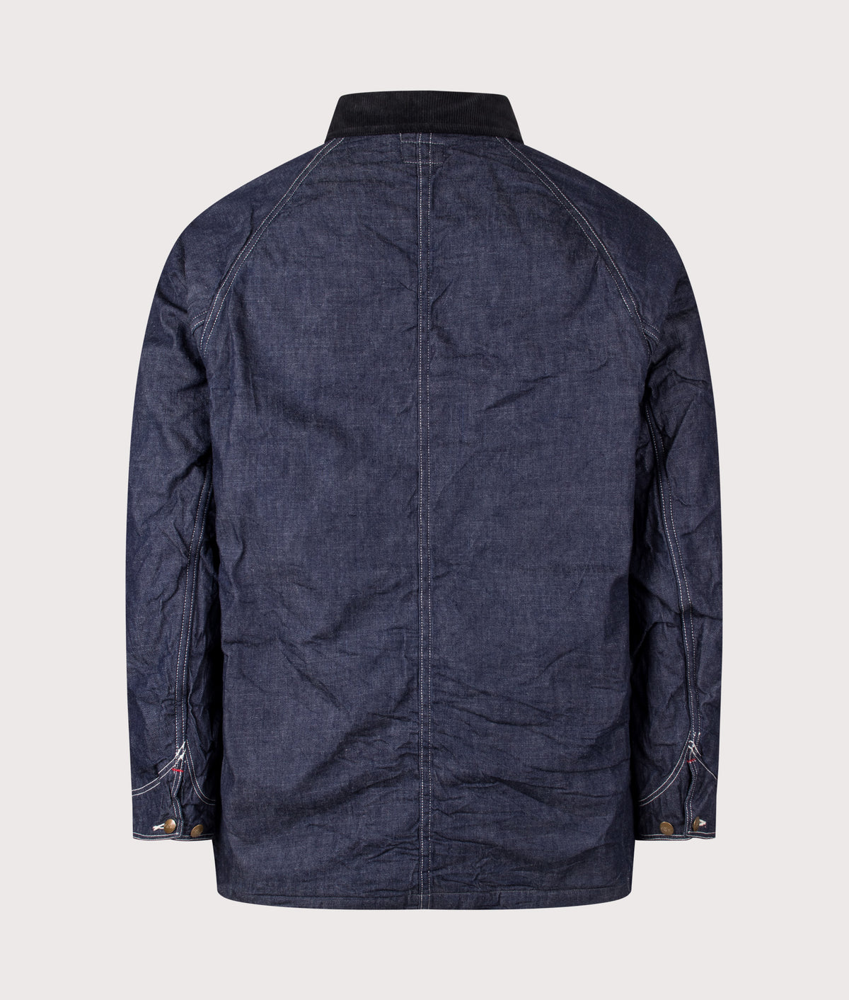 Orslow Relaxed Fit Wool Liner Denim Coverall Overshirt in One wash at EQVVS Menswear. Back shot.