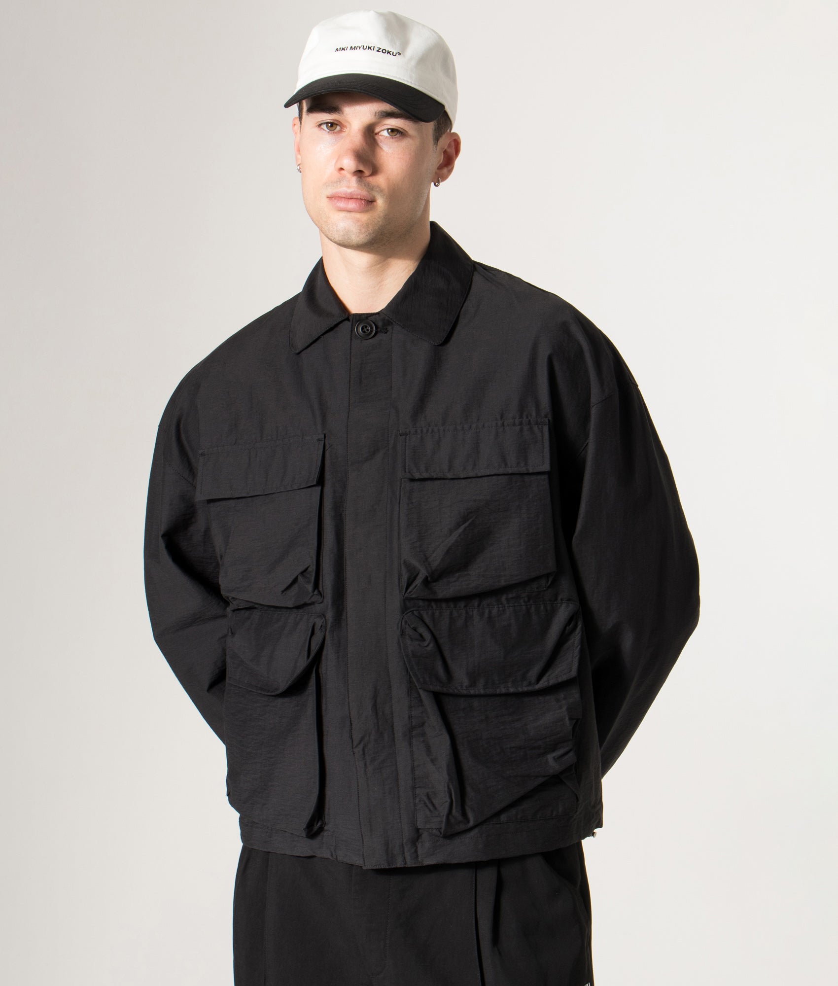 Box Overshirt in Black | MKI MIYUKI ZOKU | Shot at EQVVS | Front model shot