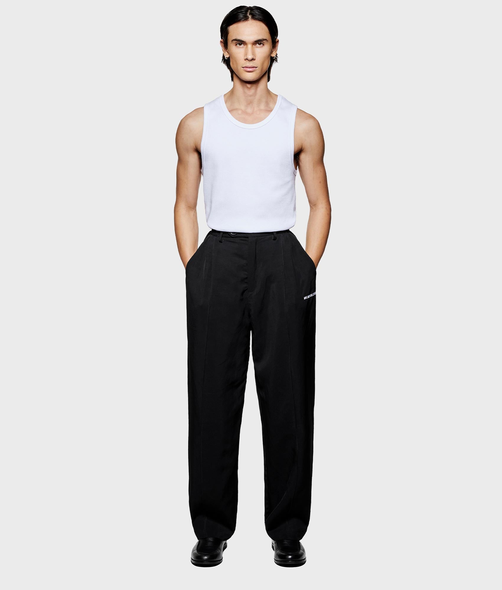 Viscose Linen Wide Fit Suit Pants. Shot by EQVVS. Front model shot.
