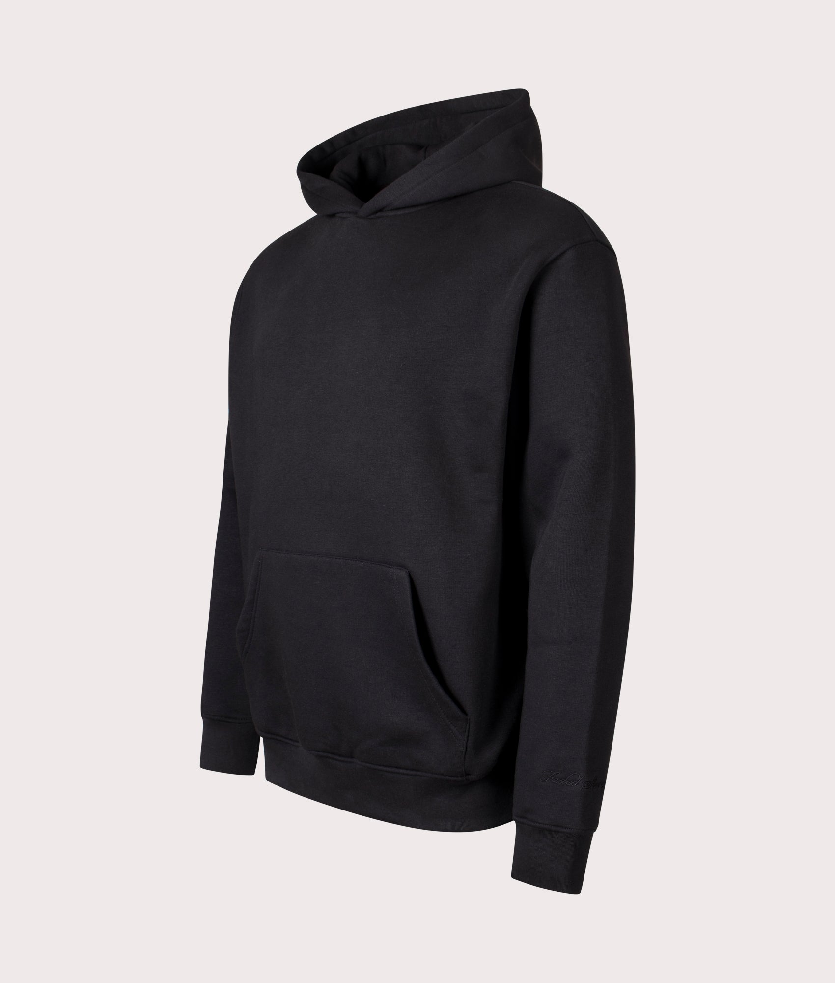 FADED Box Fit Hoodie in the black at EQVVS Menswear. Angled front shot. 