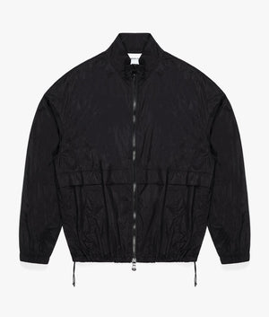Oversized Crinkle Nylon Track Jacket in Black by MKI MIYUKI ZOKU. EQVVS Front Flat Shot. 