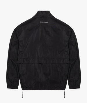 Oversized Crinkle Nylon Track Jacket in Black by MKI MIYUKI ZOKU. EQVVS Back Flat Shot
