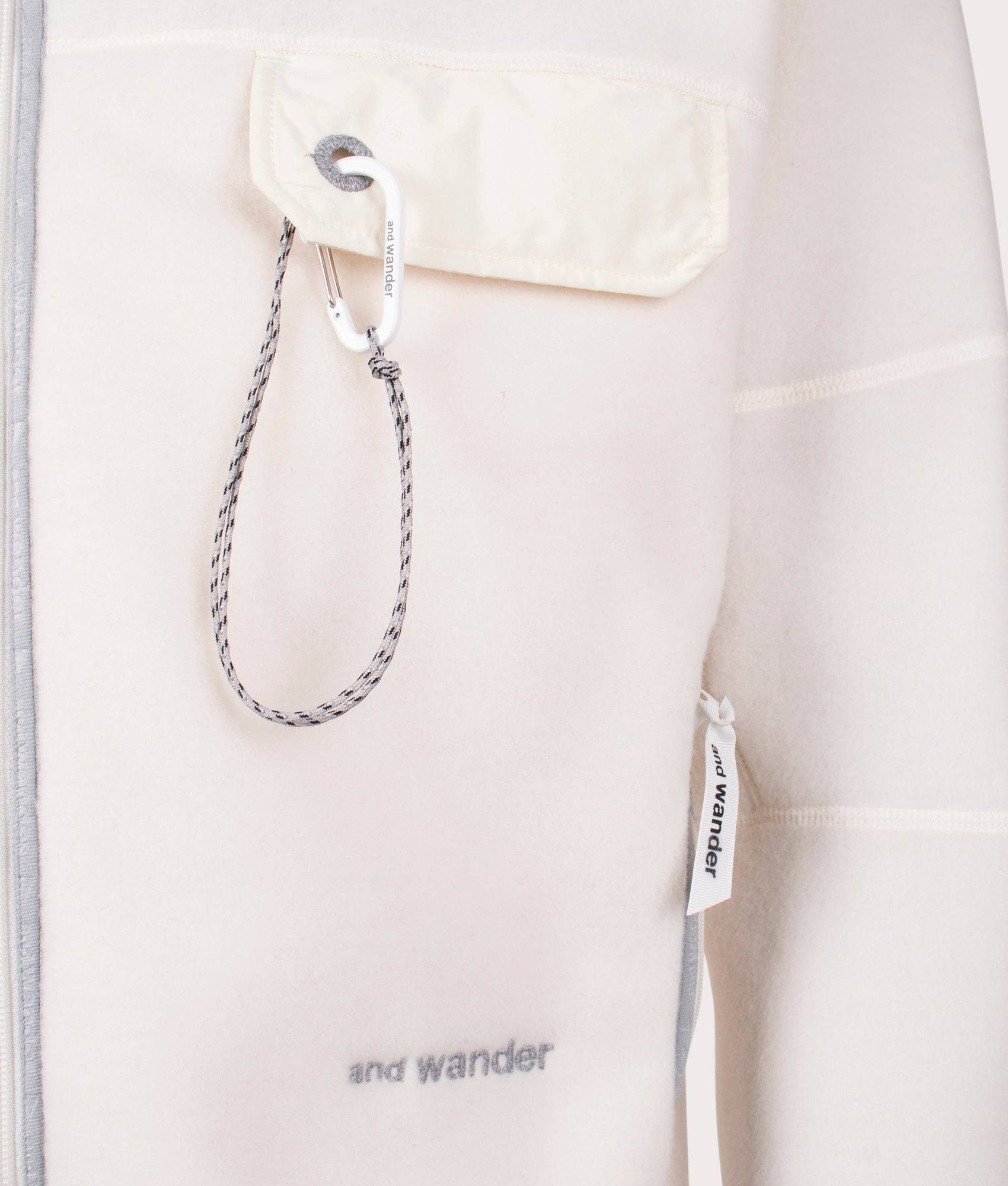 Wool Fleece Cardigan Off White, and wander. Shot at EQVVS. Detail shot. 