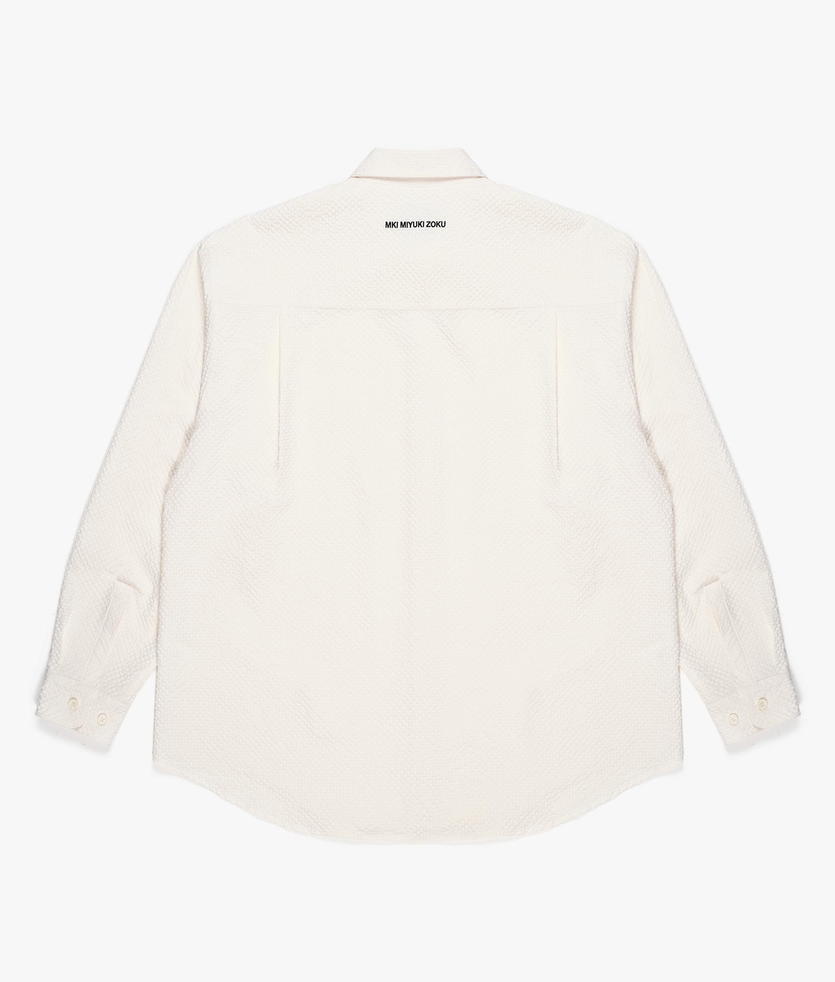 Oversized Seersucker Dress Shirt in White by MKI MIYUKI ZOKU. EQVVS Back Flat Shot.