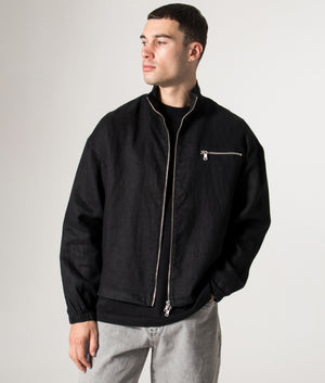 Linen Track Jacket in Black. 100% Linen | MKI MIYUKI ZOKU | Shot at EQVVS | Front model shot 