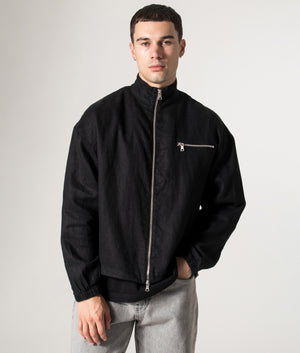 Linen Track Jacket in Black. 100% Linen | MKI MIYUKI ZOKU | Shot at EQVVS | Front model shot 