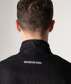Linen Track Jacket in Black. 100% Linen | MKI MIYUKI ZOKU | Shot at EQVVS | Back model detail shot 