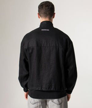 Linen Track Jacket in Black. 100% Linen | MKI MIYUKI ZOKU | Shot at EQVVS | Back model shot 