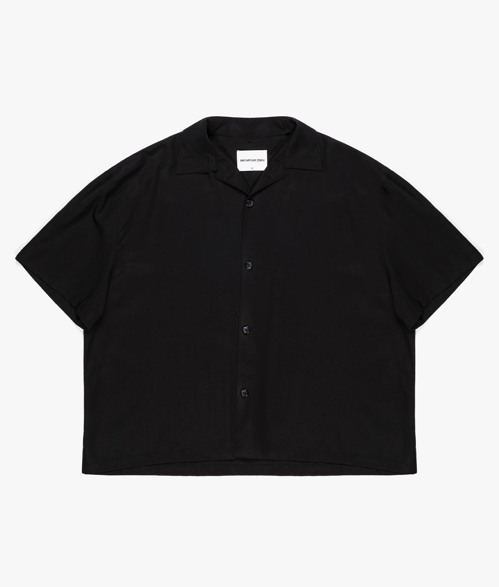 Oversized Tencel Vacation Shirt in Black by MKI MIYUKI ZOKU. EQVVS Front Flat Shot. 