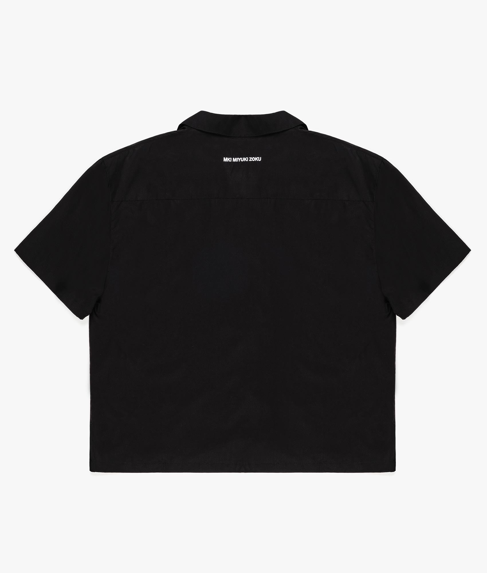 Oversized Tencel Vacation Shirt in Black by MKI MIYUKI ZOKU. EQVVS Back Flat Shot.