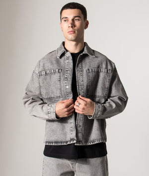 Denim Box Overshirt. Shot by EQVVS. Model front angled shot.