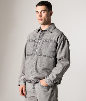 Denim Box Overshirt. Shot by EQVVS. Model side angled shot.