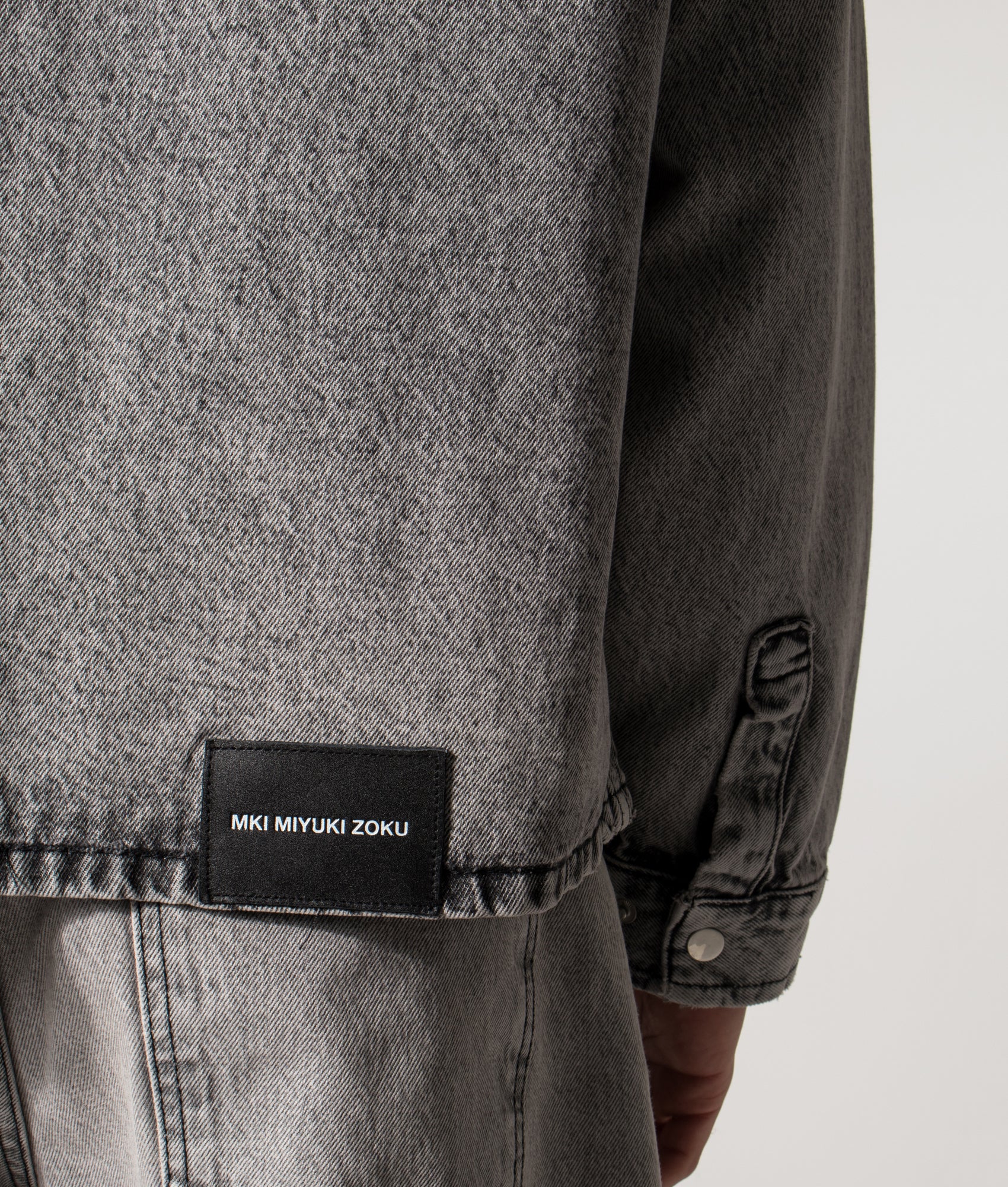 Denim Box Overshirt. Shot by EQVVS. Model detailed shot.