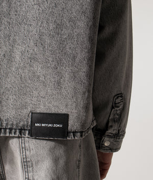 Denim Box Overshirt. Shot by EQVVS. Model detailed shot.
