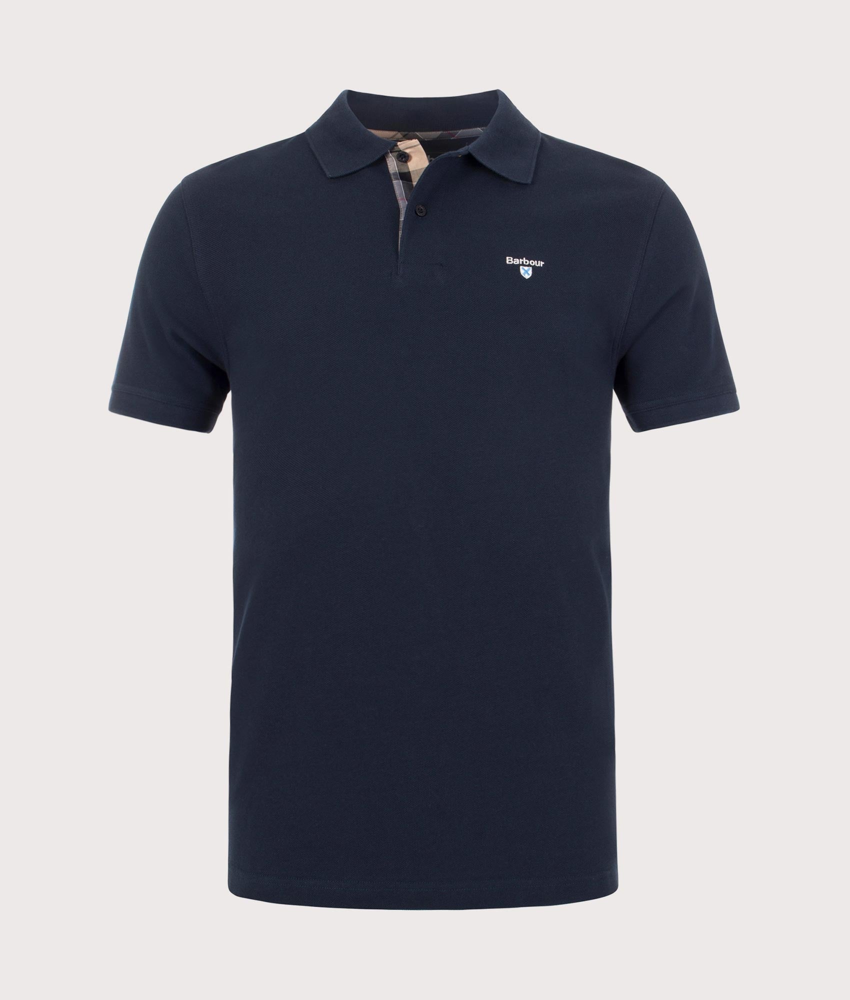 Barbour Lifestyle Tartan Placket Piqué Polo Shirt in New Navy at EQVVS Menswear. Front shot. 