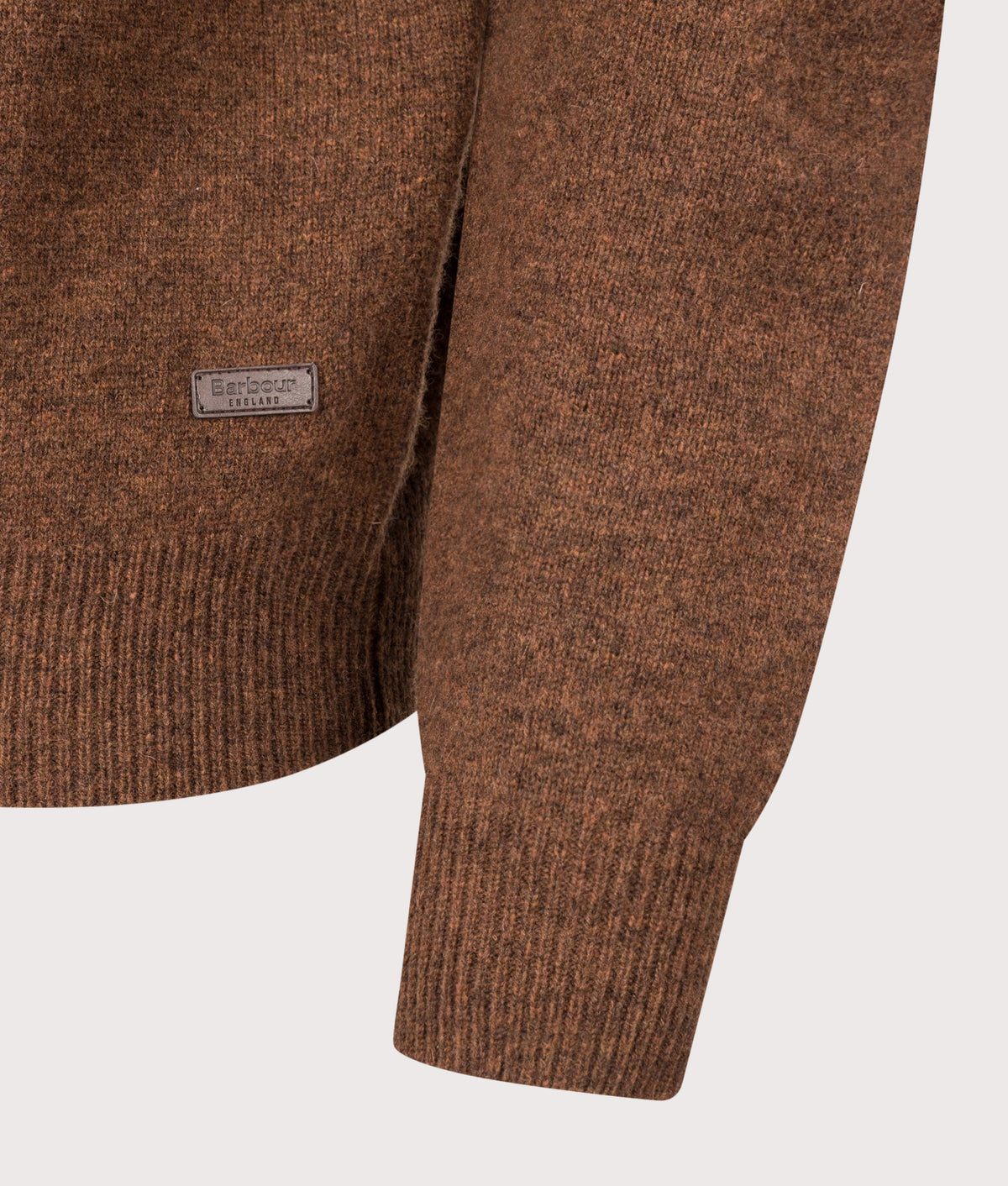 Barbour Lifestyle Essential Patch Quarter Zip Knitted Jumper in Bracken at EQVVS Menswear. Detail shot.