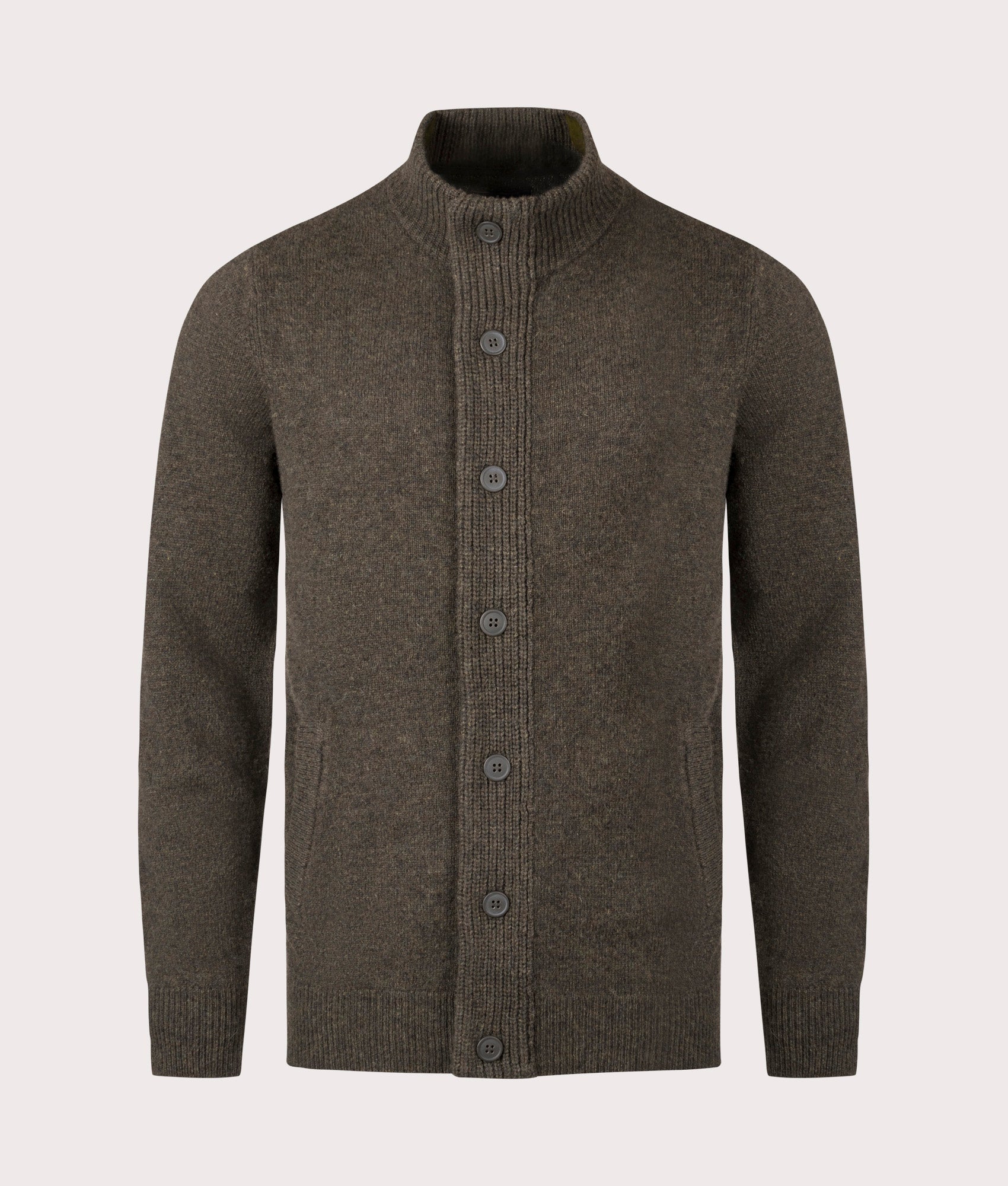 Essential Patch Zip Through Knitted Jumper by Barbour in Seaweed. Shot by EQVVS. Front shot.