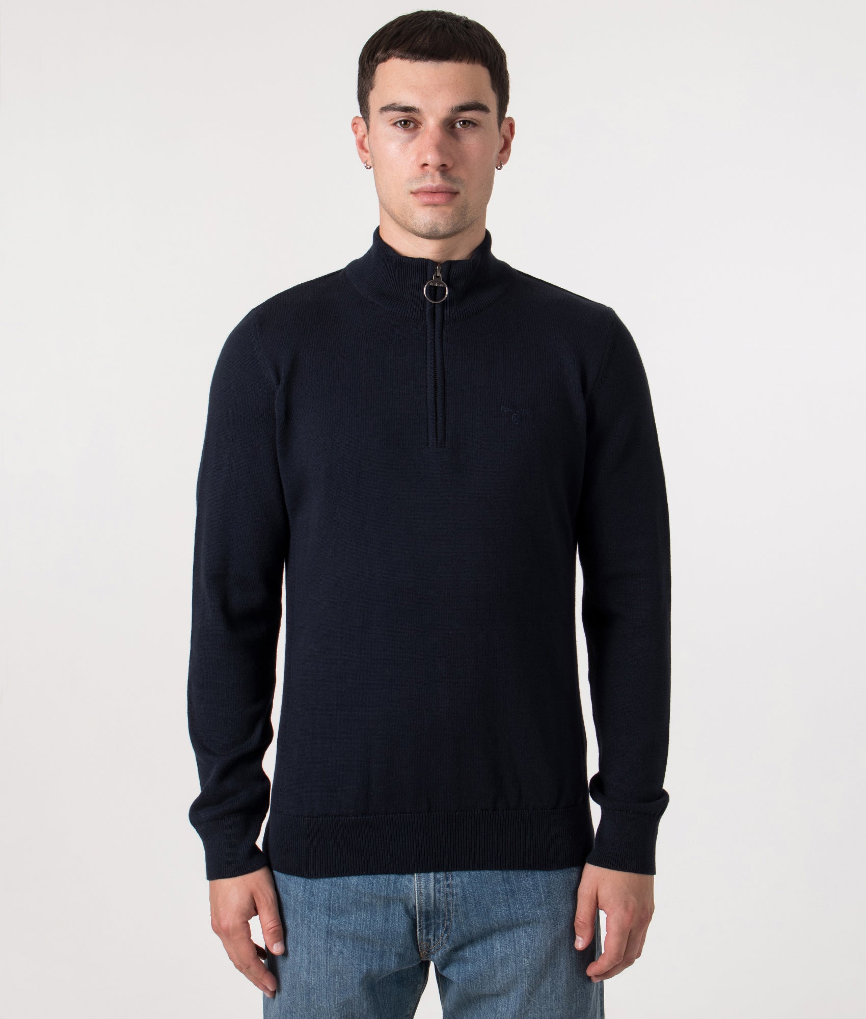 Quarter-Zip-Cotton- Knit-Navy-Barbour-Lifestyle-EQVVS-Front-Model-Shot