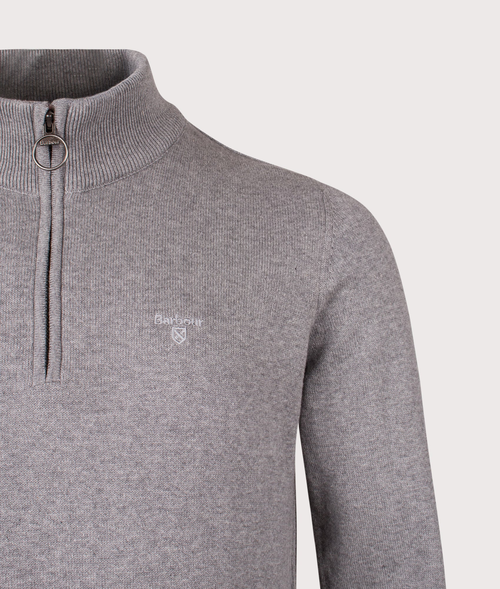 Quarter Zip Cotton Knit in Grey Marl | Barbour Lifestyle | Shot at EQVVS | Front detail shot 
