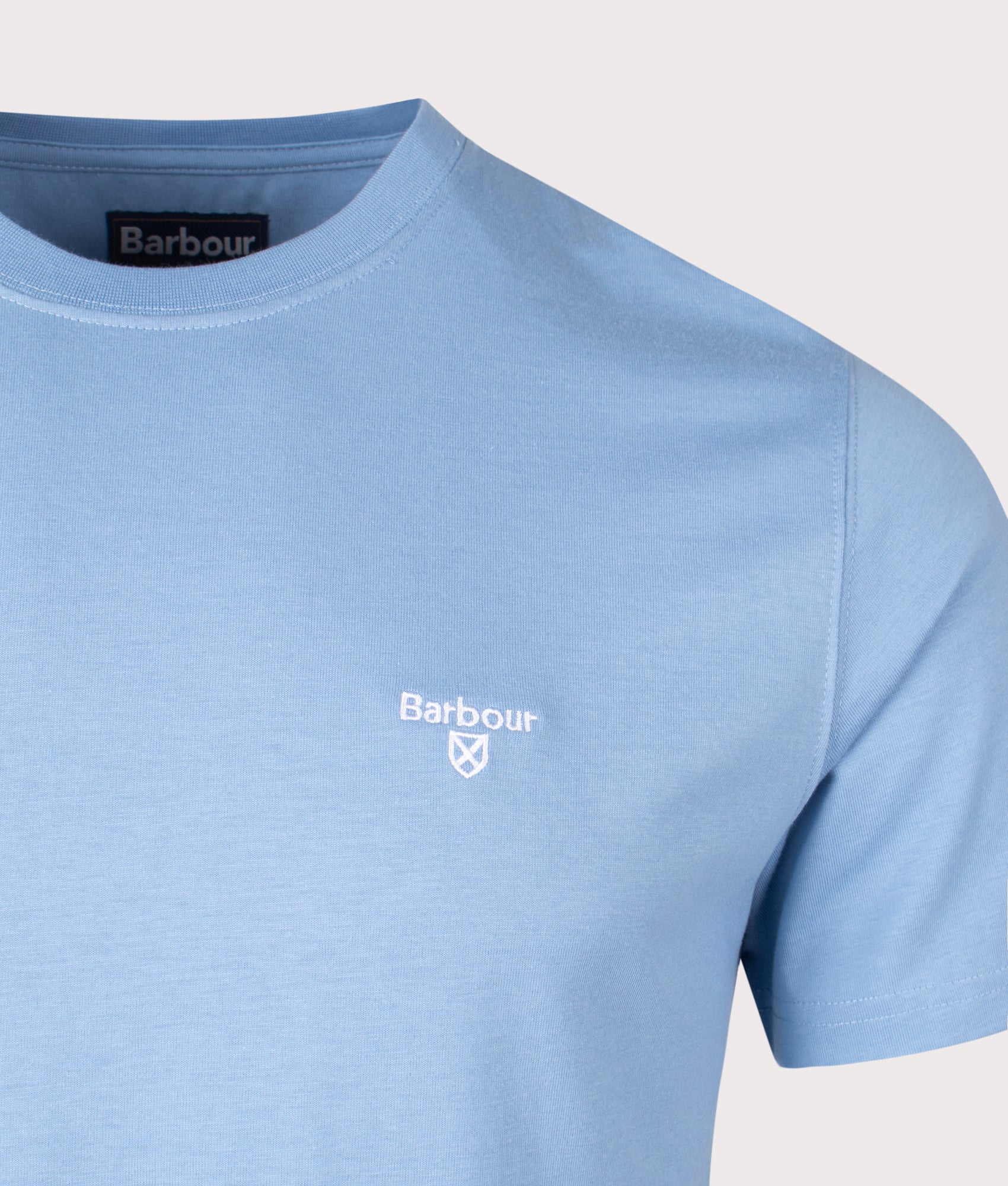 Barbour Lifestyle Essential Sports T-Shirt in Blue at EQVVS Menswear. Detail shot.