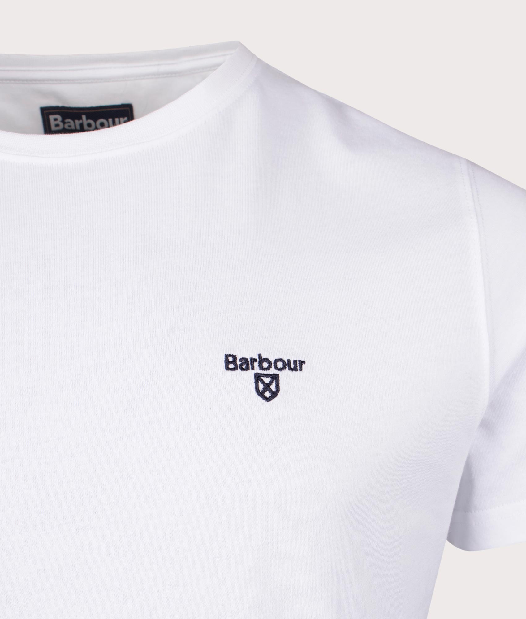 Barbour Lifestyle Essential Sports T-Shirt in White. Shot at EQVVS. Detail shot. 