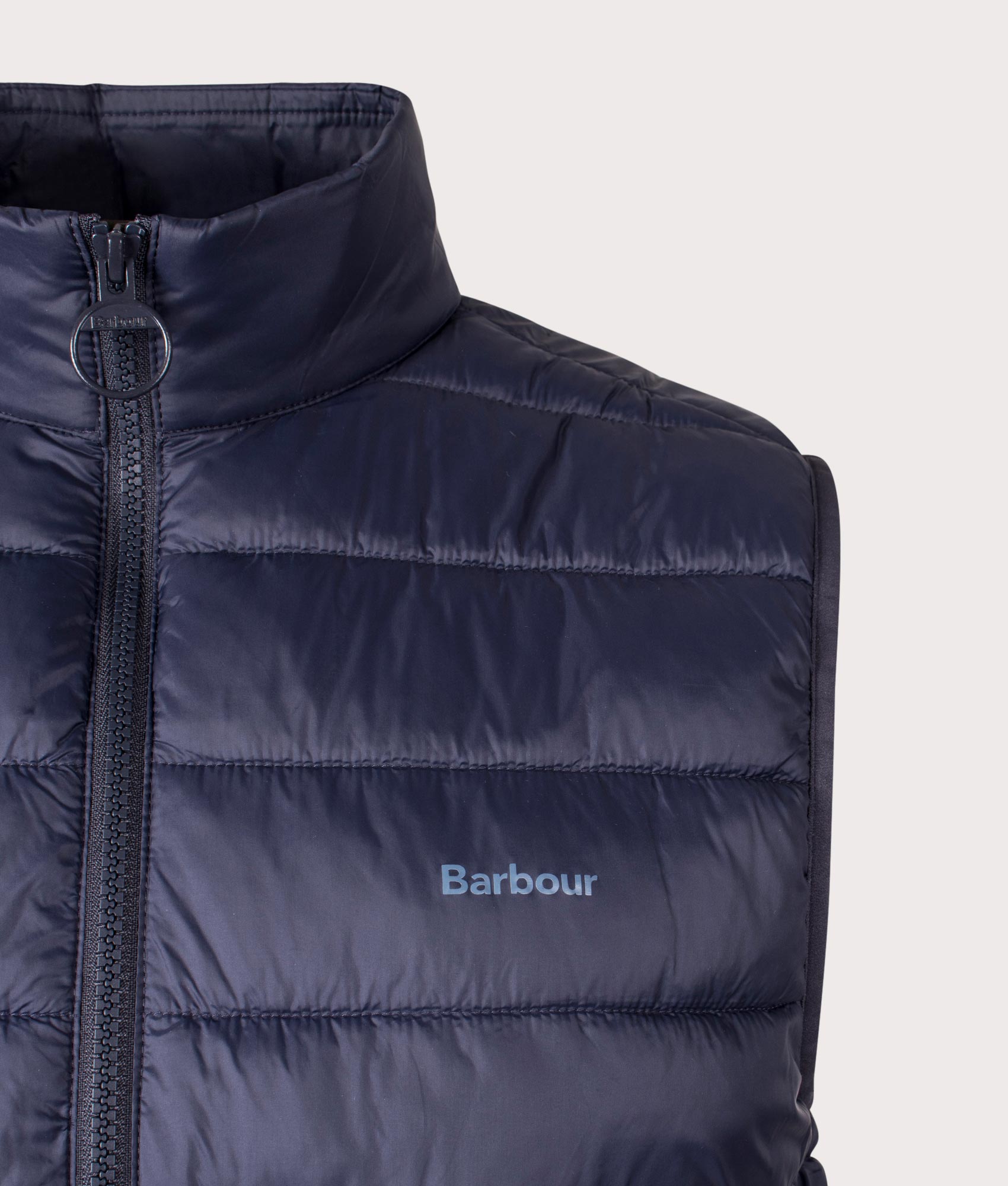 Barbour Bretby Puffer Gilet in Navy at EQVVS Menswear. Detail shot.
