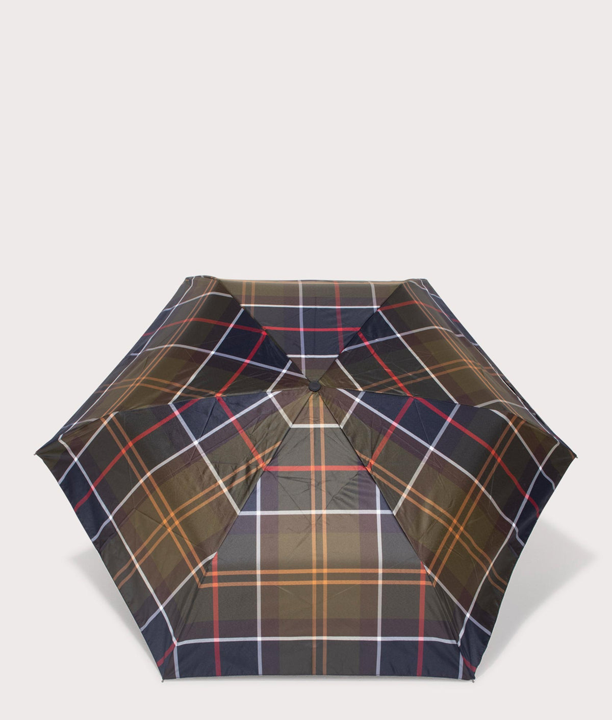Tartan Mini Umbrella in Classic tartan by Barbour. EQVVS front open shot .