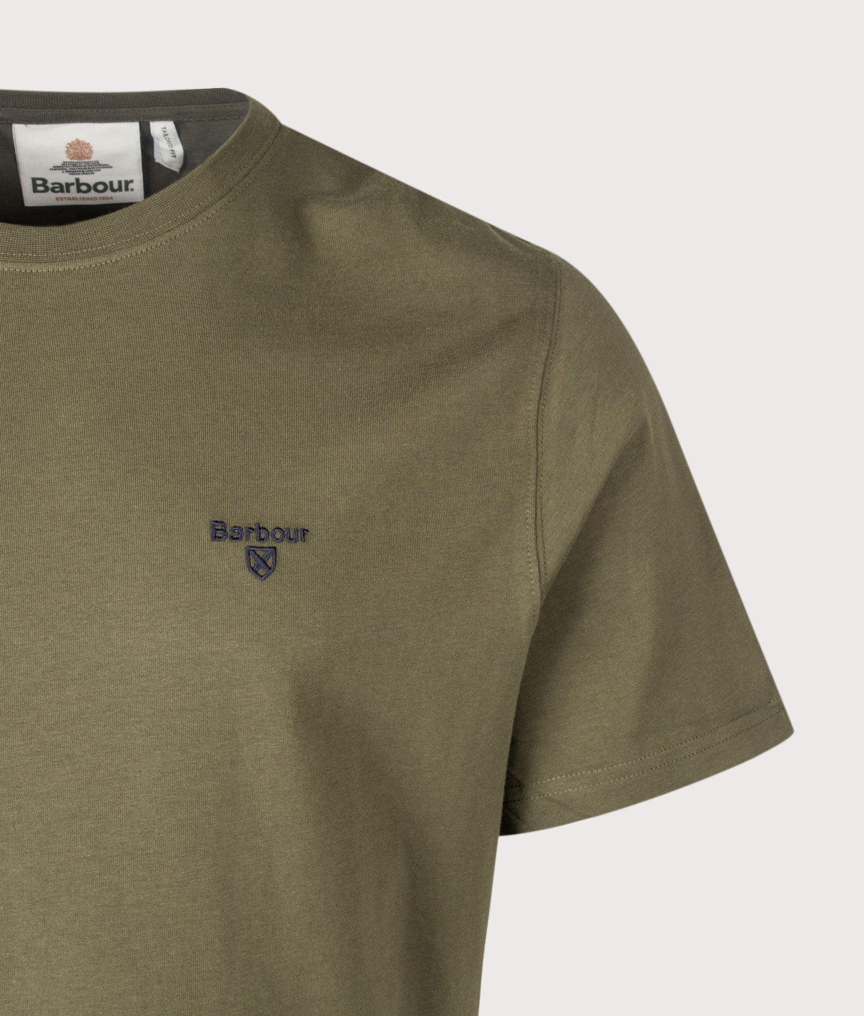 Barbour Lifestyle Regular Fit Essential Sports T-Shirt in Mid Olive at EQVVS Menswear. Detail shot.