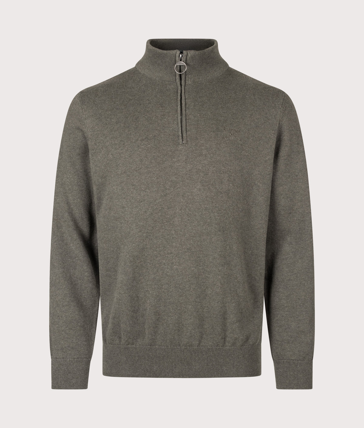 Barbour Lifestyle Regular Fit Quarter Zip Cotton Knitted Jumper in Olive Marl at EQVVS Menswear. Front shot.