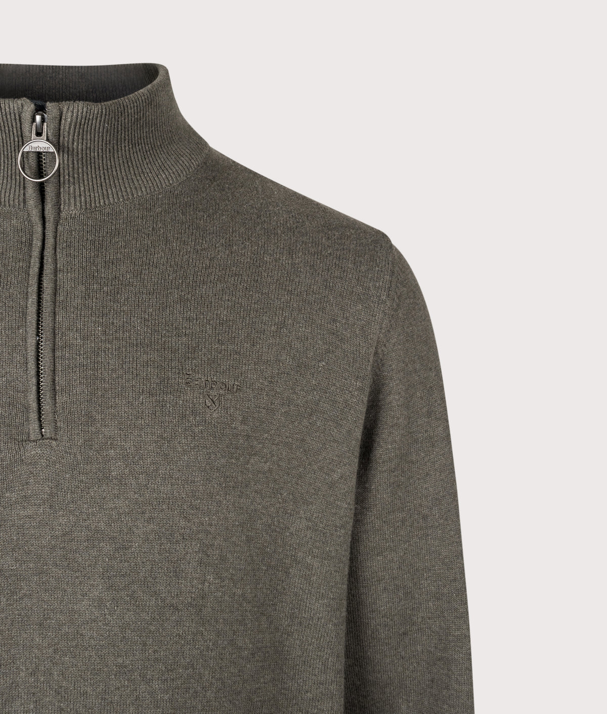 Barbour Lifestyle Regular Fit Quarter Zip Cotton Knitted Jumper in Olive Marl at EQVVS Menswear. Detail shot.