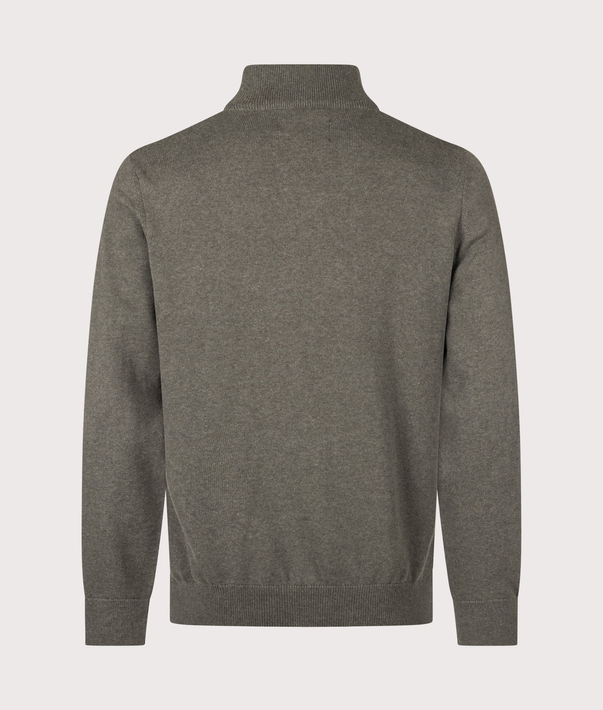 Barbour Lifestyle Regular Fit Quarter Zip Cotton Knitted Jumper in Olive Marl at EQVVS Menswear. Back shot.