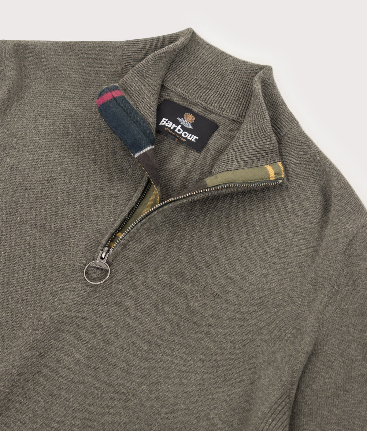 Barbour Lifestyle Regular Fit Quarter Zip Cotton Knitted Jumper in Olive Marl at EQVVS Menswear. Detail shot.