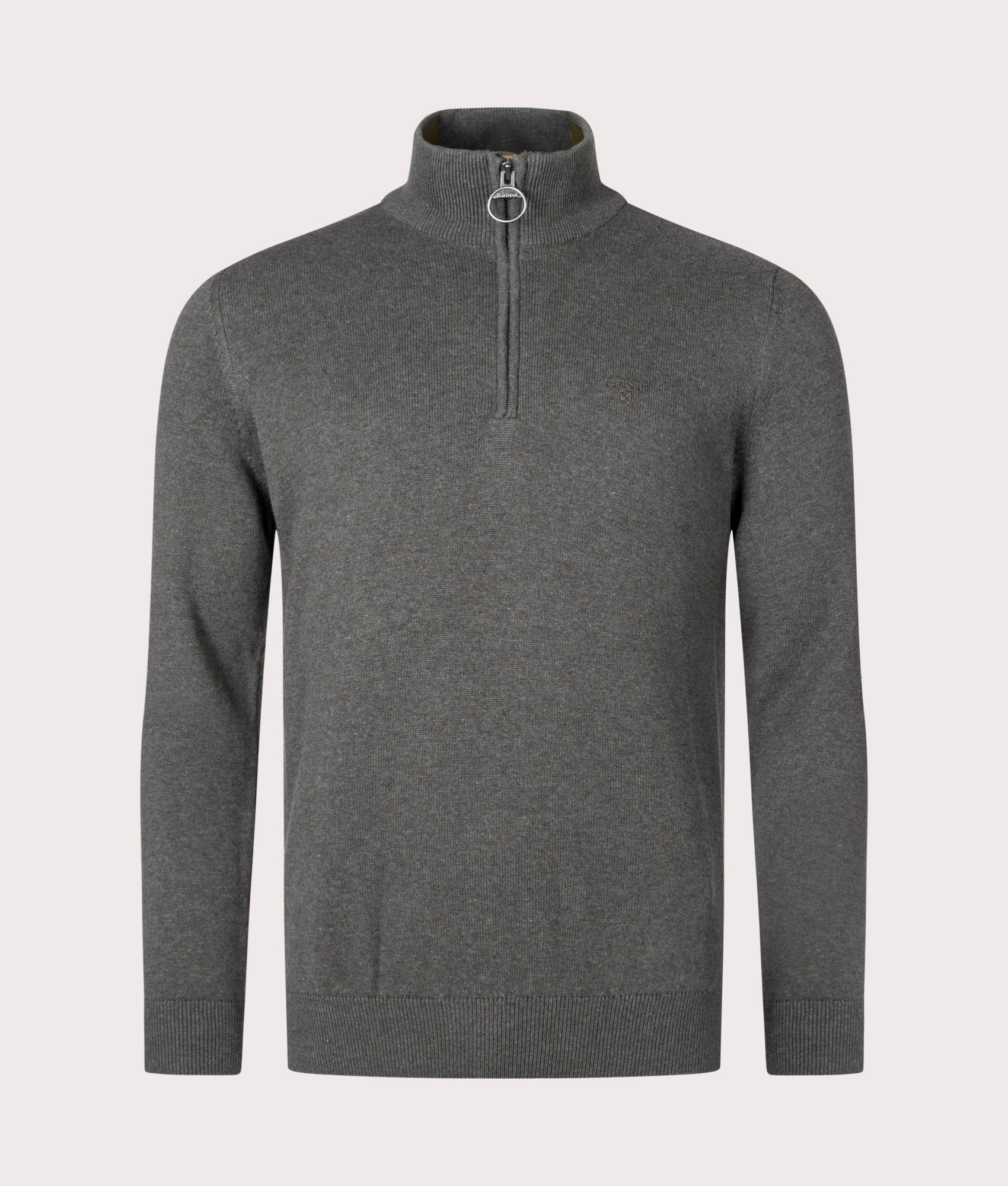 Barbour Lifestyle Quarter Zip Cotton Knit in Olive Marl at EQVVS Menswear. Front shot.