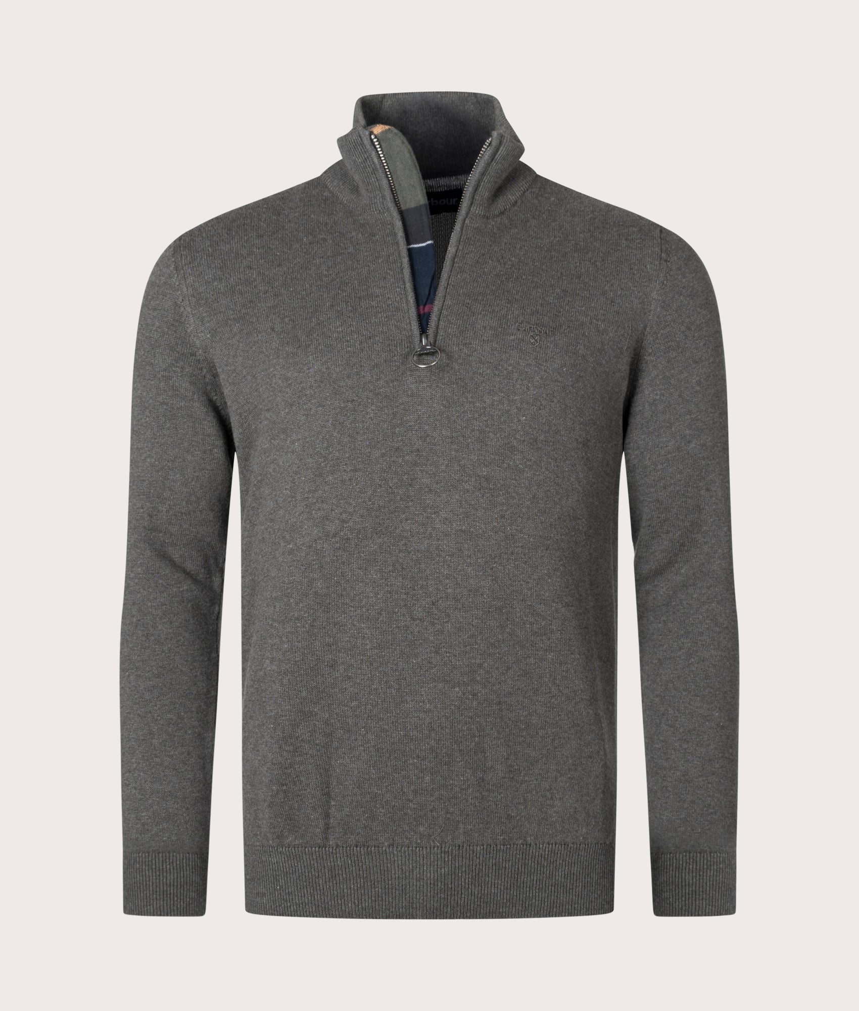 Barbour Lifestyle Quarter Zip Cotton Knit in Olive Marl at EQVVS Menswear. Front shot open collar.