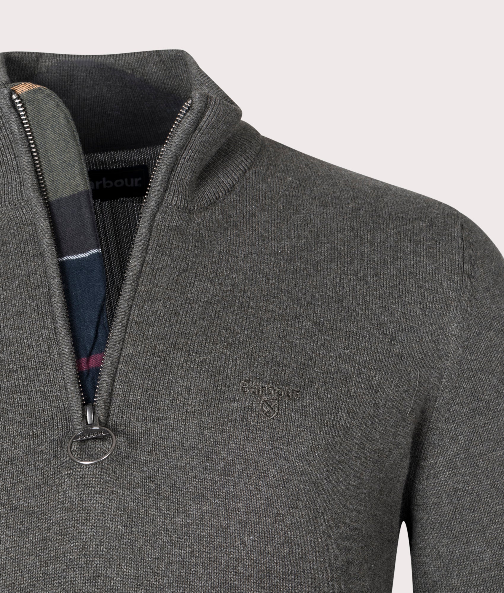 Barbour Lifestyle Quarter Zip Cotton Knit in Olive Marl at EQVVS Menswear. Detail shot.