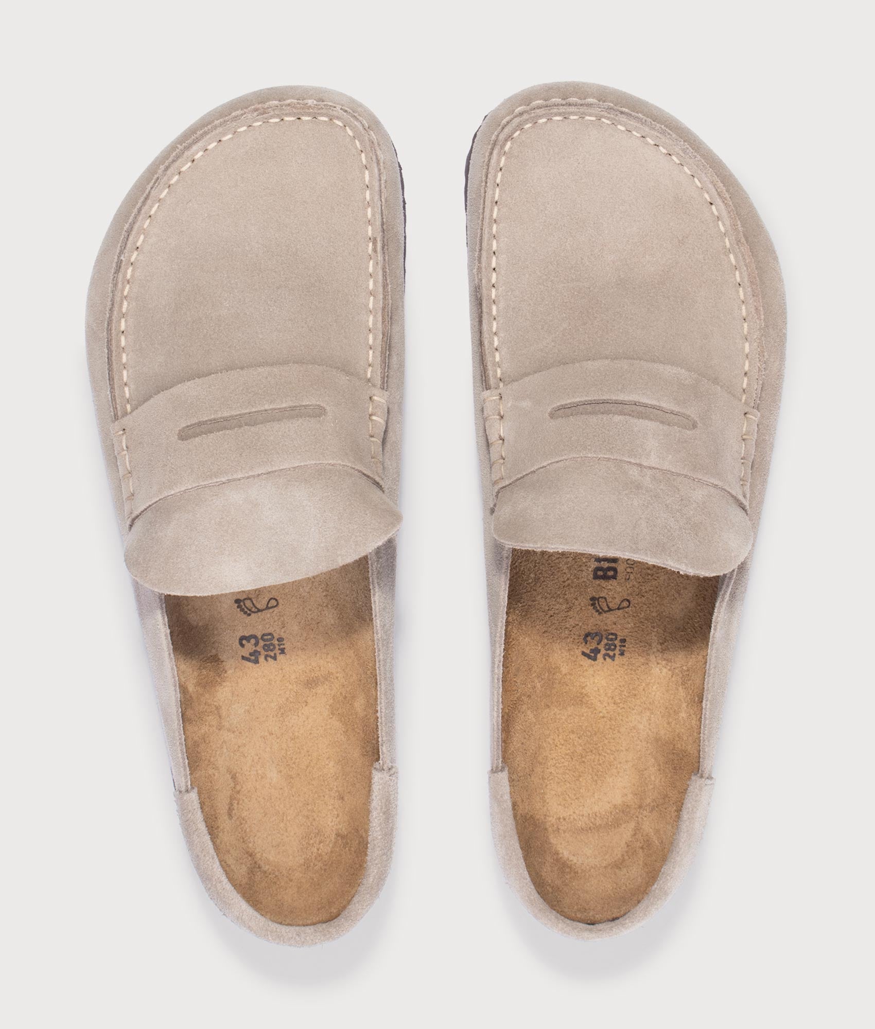 Naples Wrapped Suede Leather Clogs in Taupe by BIRKENSTOCK. Shot by EQVVS. Arial shot.