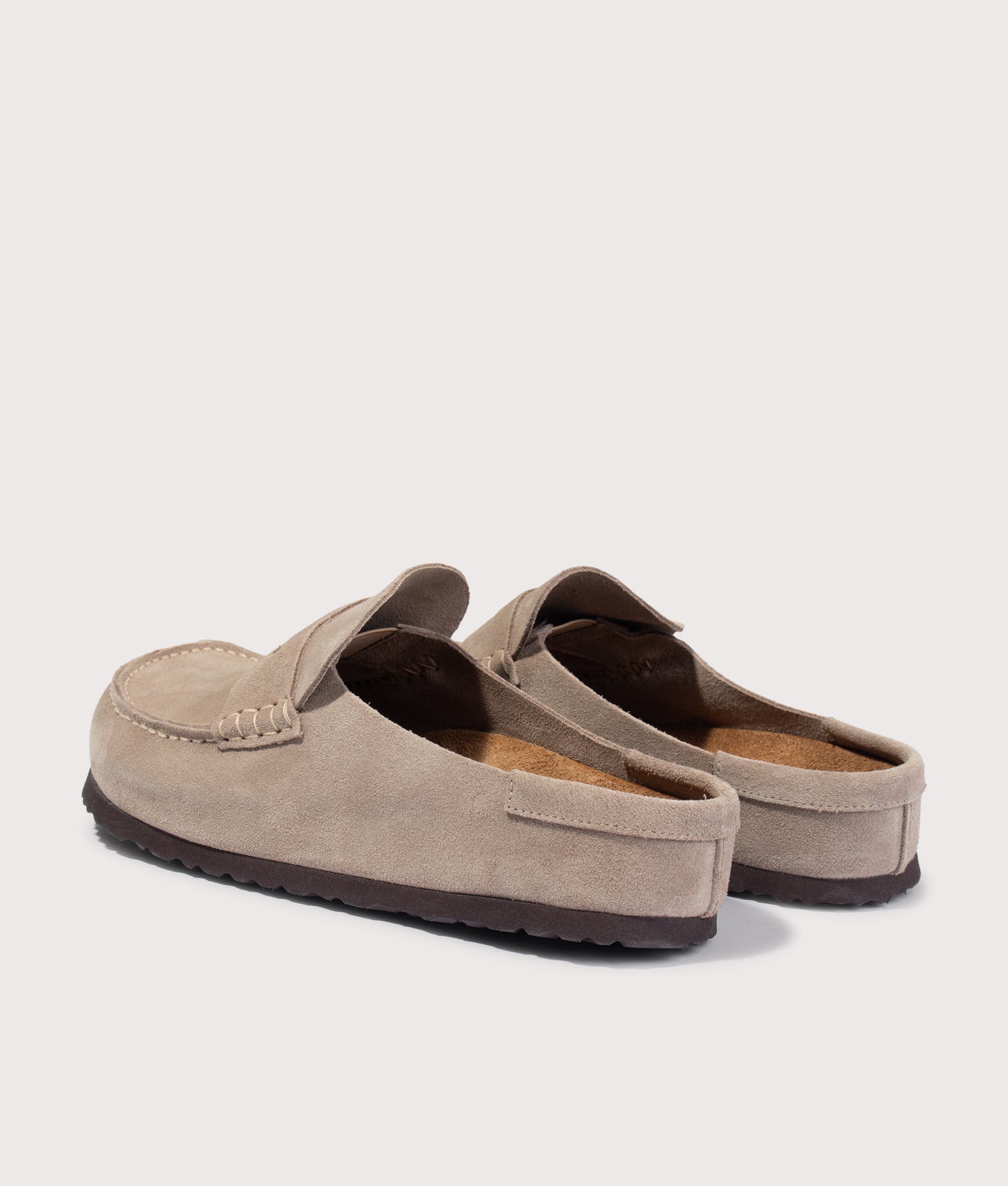 Naples Wrapped Suede Leather Clogs in Taupe by BIRKENSTOCK. Shot by EQVVS. Back shot.