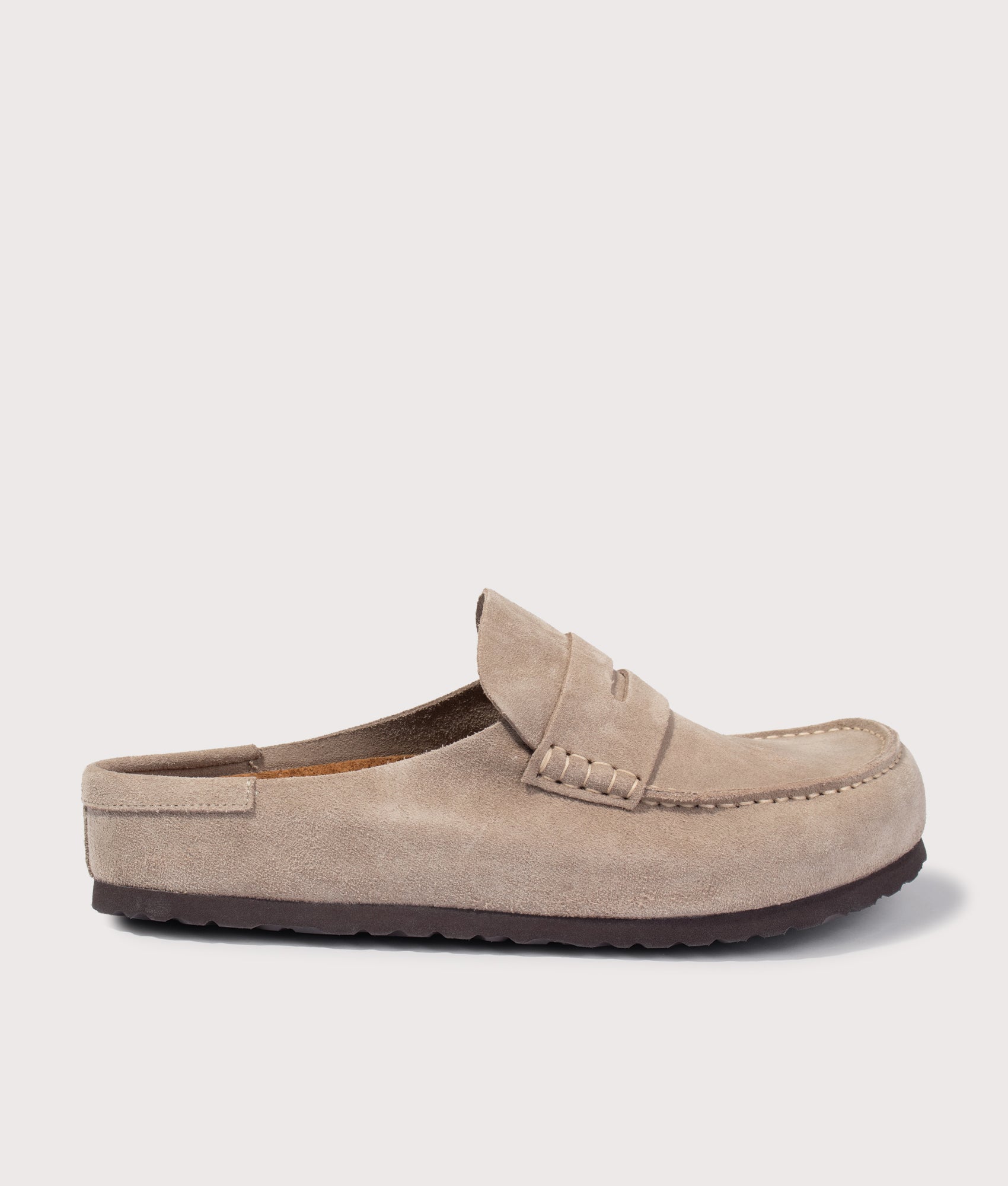 Naples Wrapped Suede Leather Clogs in Taupe by BIRKENSTOCK. Shot by EQVVS. Front shot.