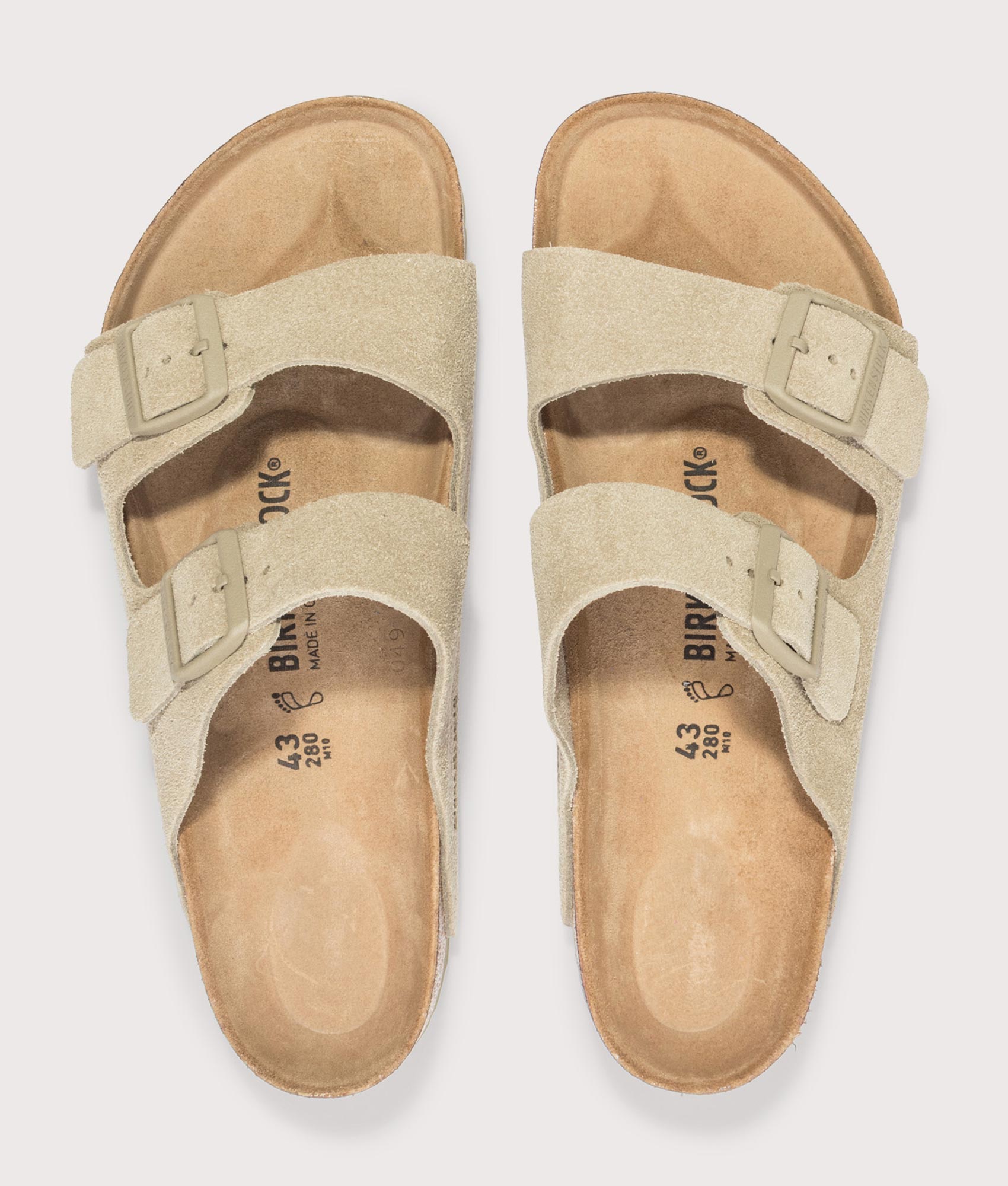 Arizona Suede Leather Sandals in Faded Khaki by BIRKENSTOCK. Shot by EQVVS. Arial shot. 
