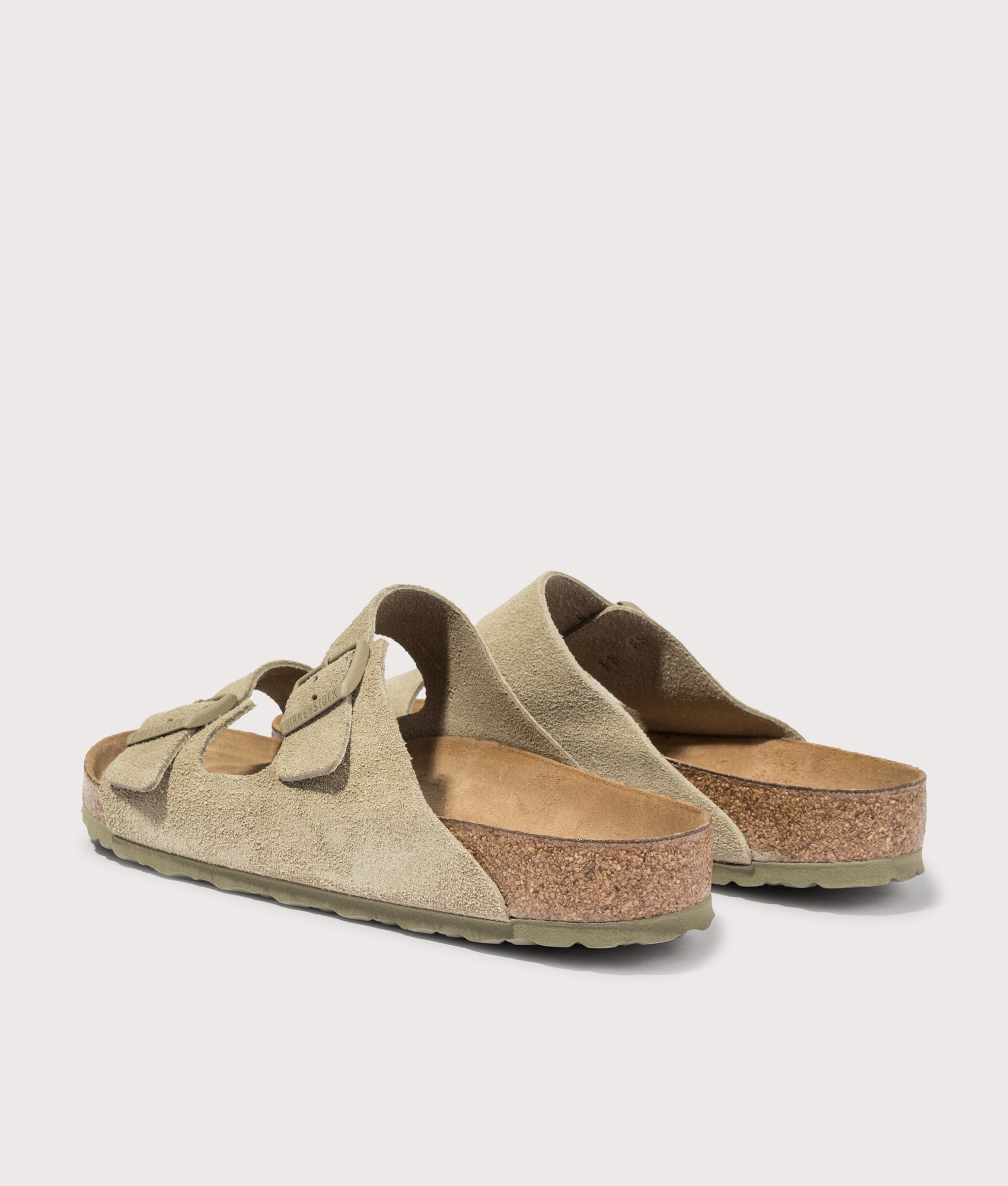 Arizona Suede Leather Sandals in Faded Khaki by BIRKENSTOCK. Shot by EQVVS. Back shot. 
