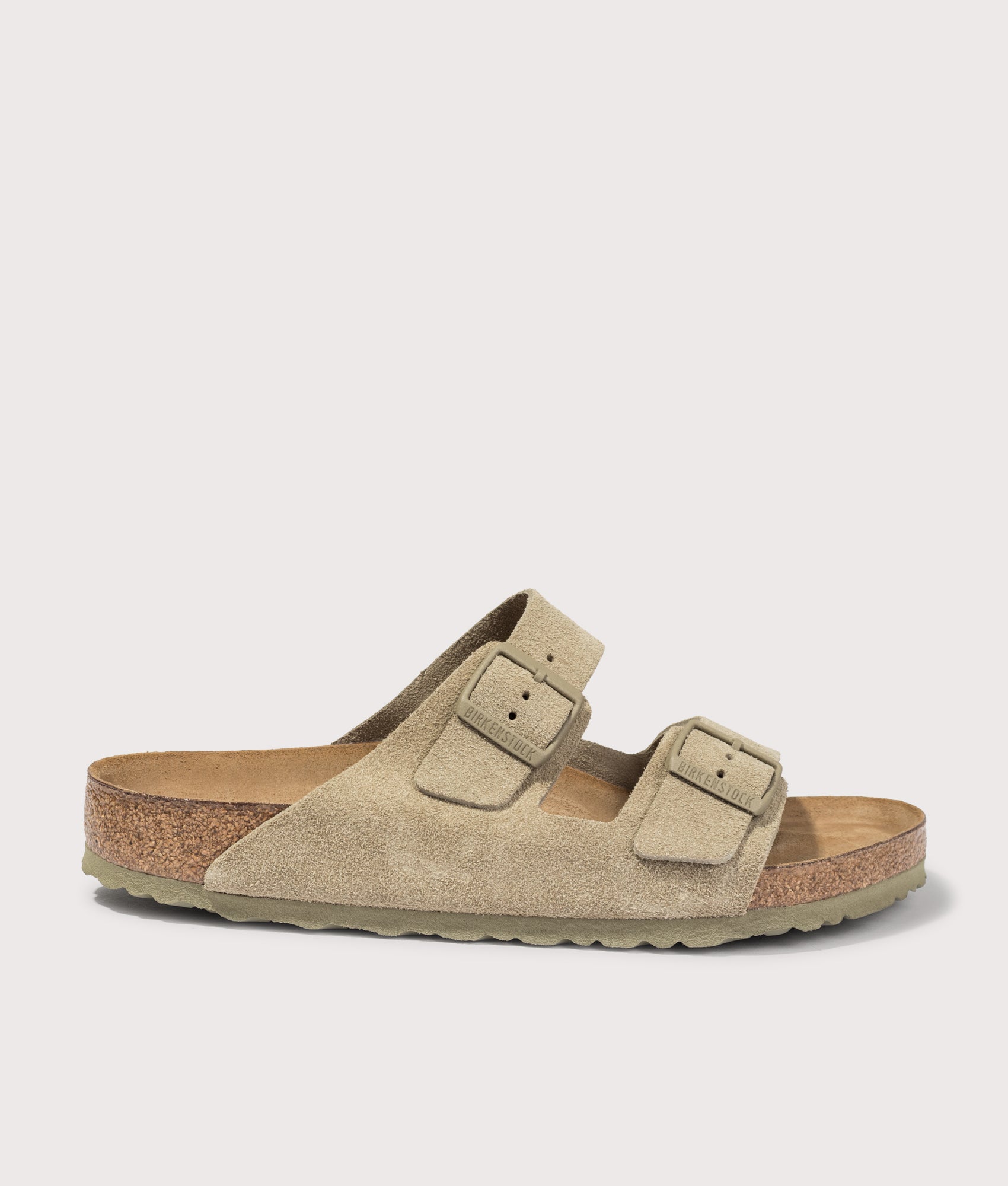Arizona Suede Leather Sandals in Faded Khaki by BIRKENSTOCK. Shot by EQVVS. Front shot. 