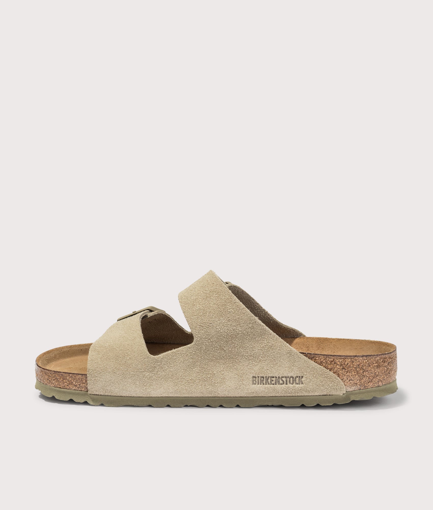 Arizona Suede Leather Sandals in Faded Khaki by BIRKENSTOCK. Shot by EQVVS. Internal detail shot. 